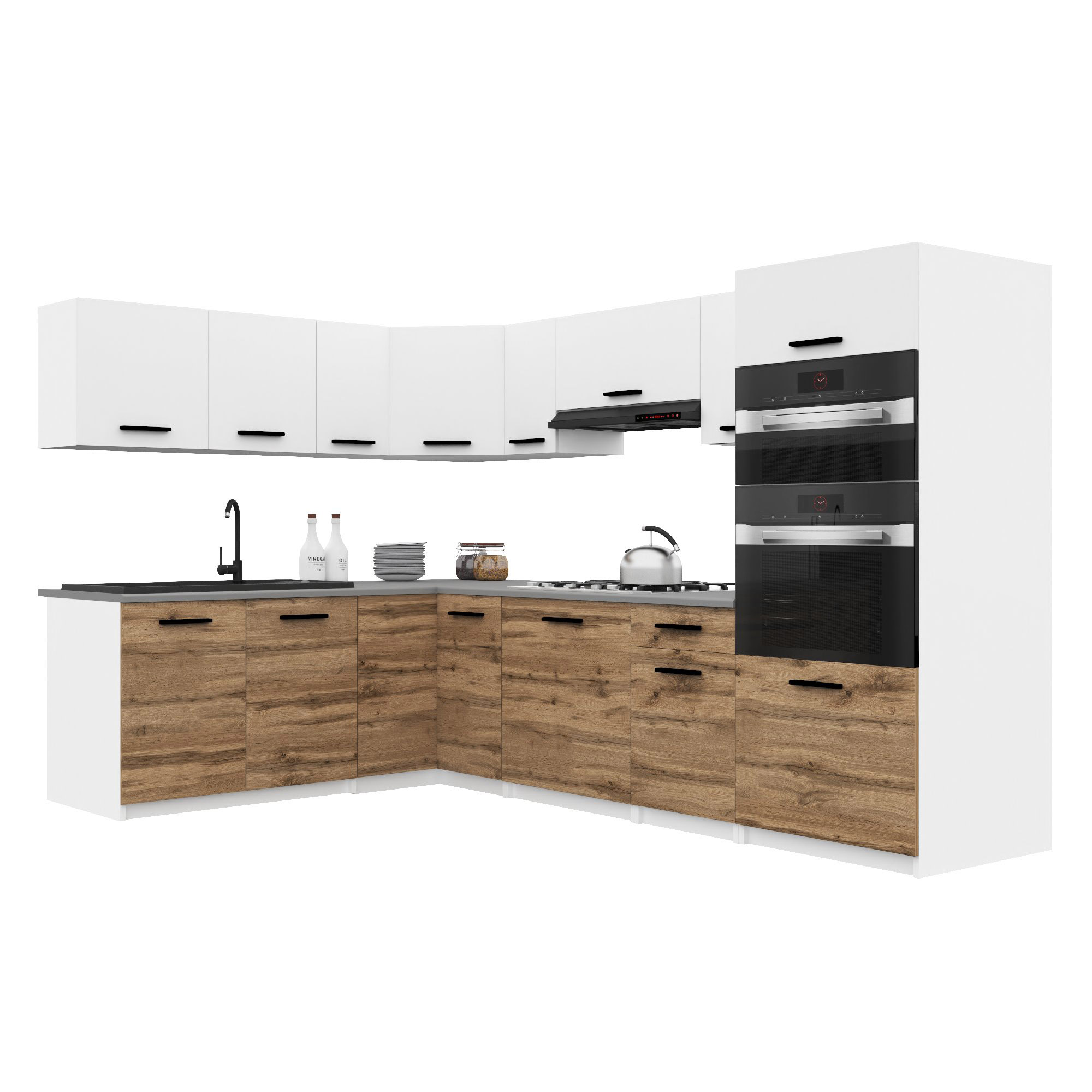 Belini Italia 8 Küche Ausgestattet Modular Komplett - 420 Cm. Ober- Und Unterschränke Mit Arbeitsplatte, Blanc Mat/brun Doré
