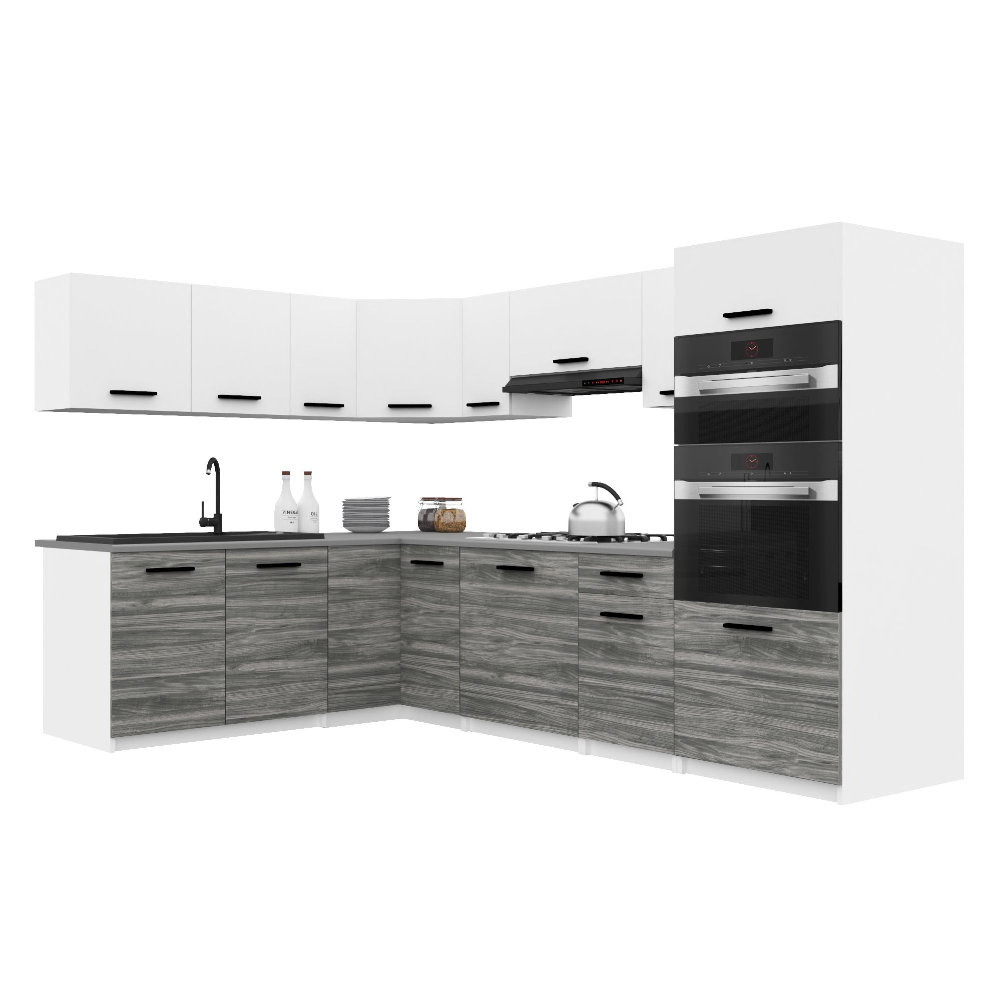 Belini Italia 8 Küche Ausgestattet Modular Komplett - 420 Cm. Ober- Und Unterschränke Mit Arbeitsplatte, Blanc Mat/gris Glamour