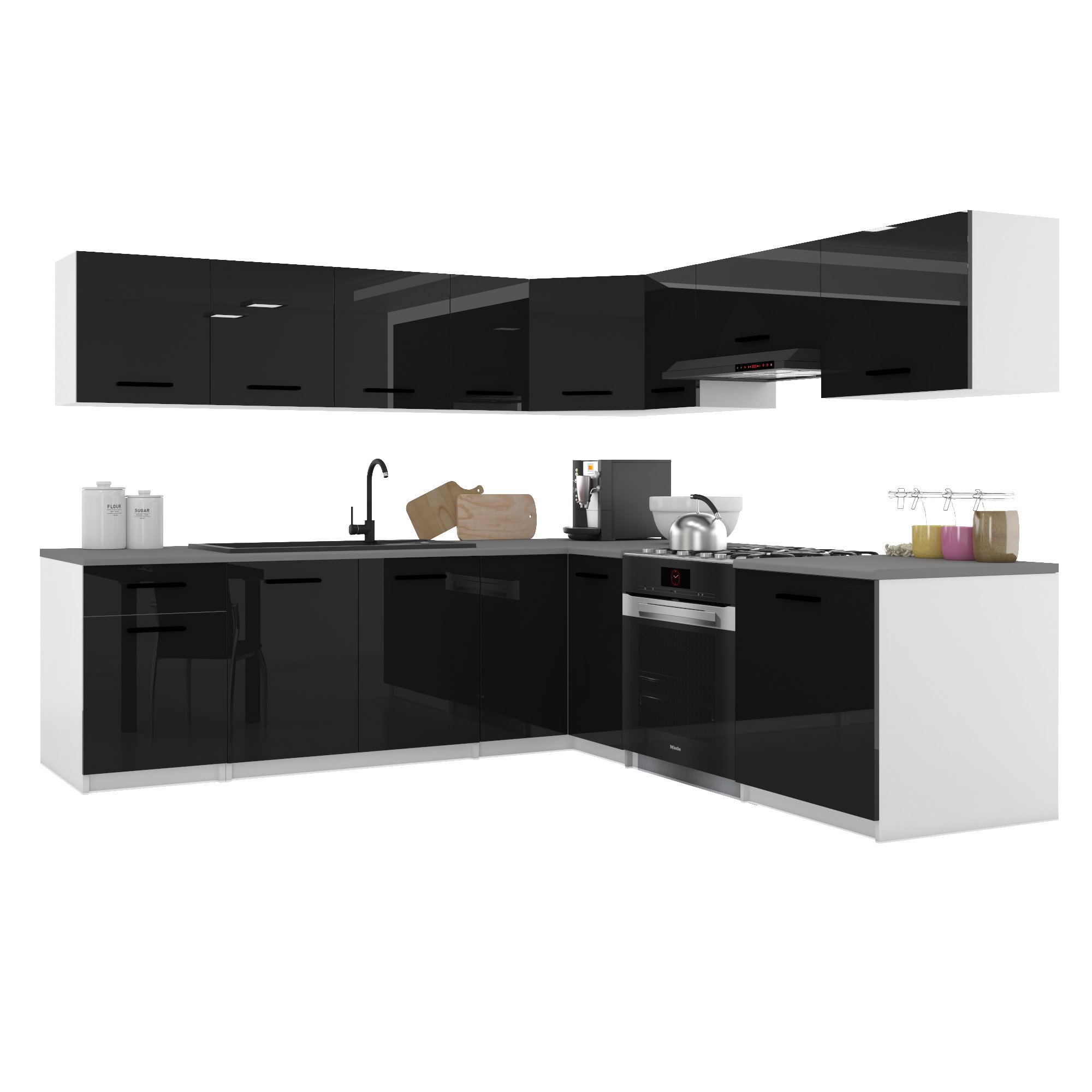 Belini Italia 7 Küche Ausgestattet Modular Komplett - 420 Cm. Ober- Und Unterschränke Mit Arbeitsplatte, Schwarz Hochglanz