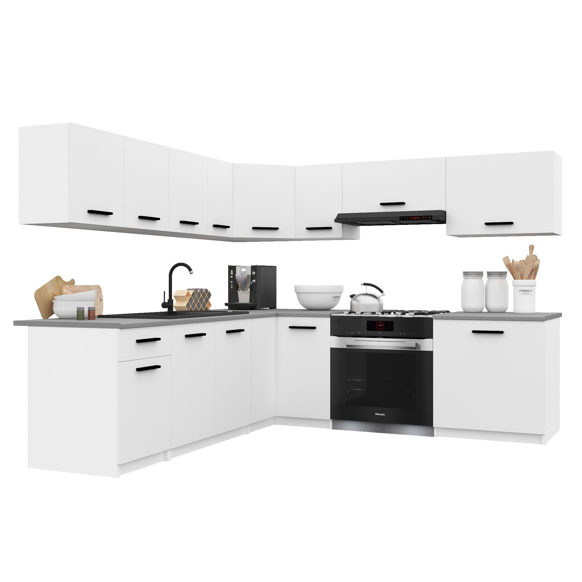 Belini Italia 7 Küche Ausgestattet Modular Komplett - 420 Cm. Ober- Und Unterschränke Mit Arbeitsplatte, Weiß Matt
