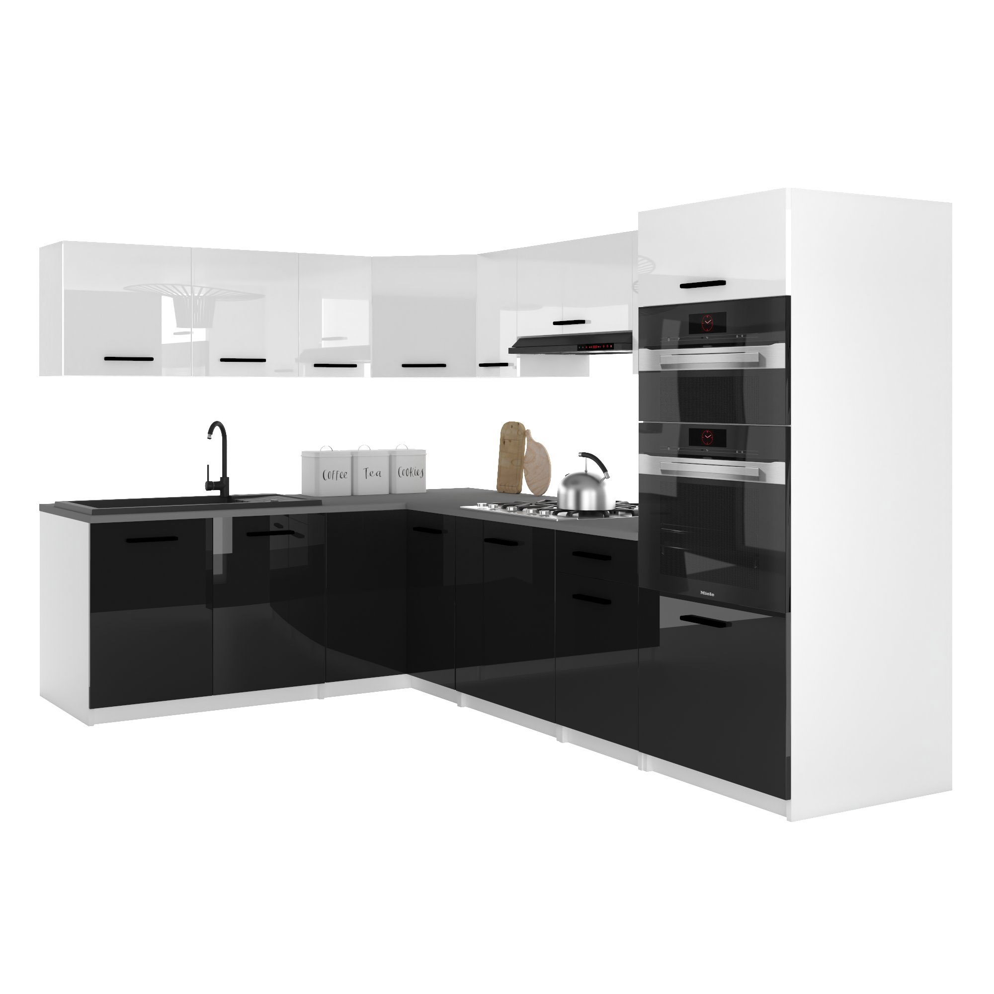 Belini Italia 8 Küche Ausgestattet Modular Komplett - 420 Cm. Ober- Und Unterschränke Mit Arbeitsplatte, Blanc Très Brillant/noir Très Brillant