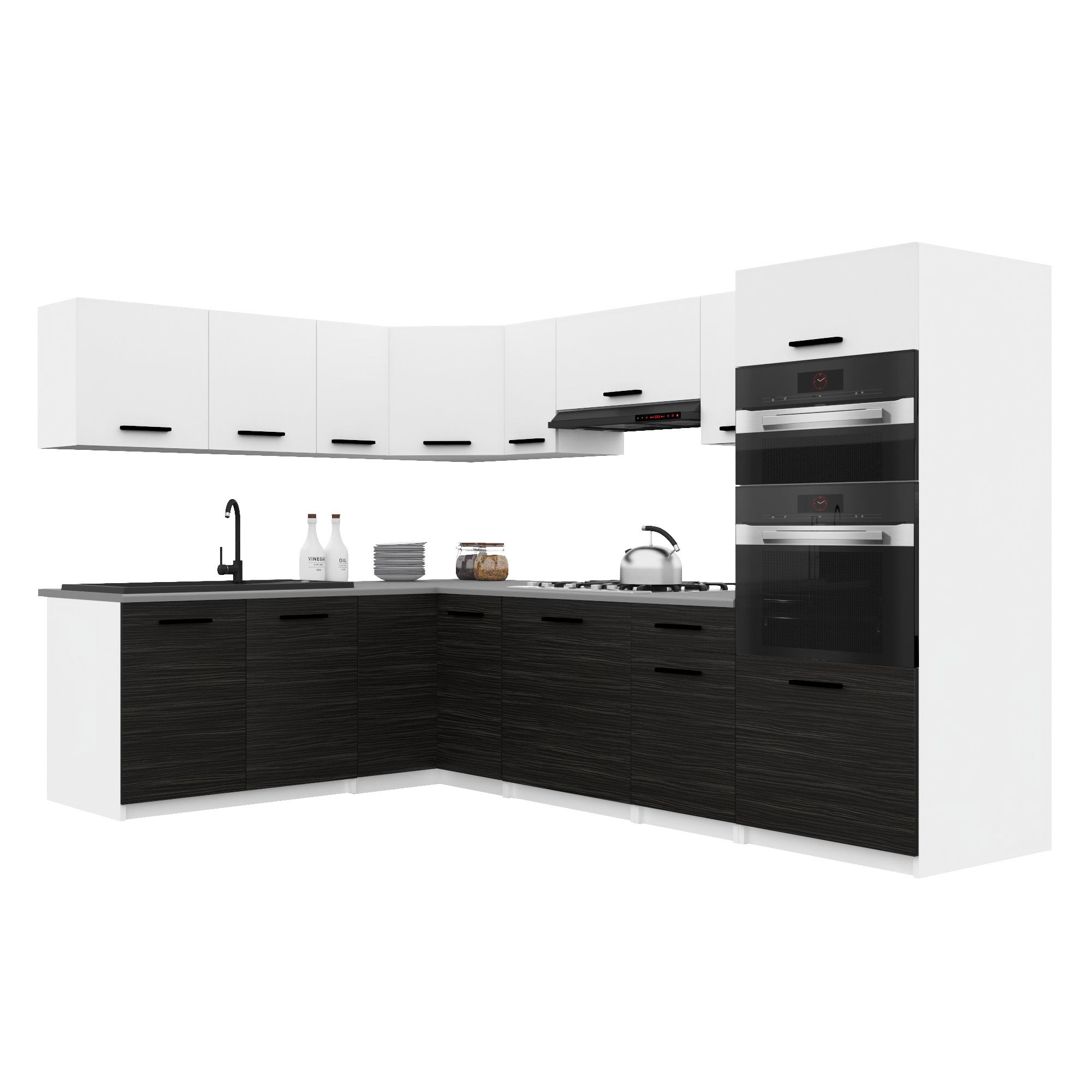 Belini Italia 8 Küche Ausgestattet Modular Komplett - 420 Cm. Ober- Und Unterschränke Mit Arbeitsplatte, Weiß Matt/ebenholz