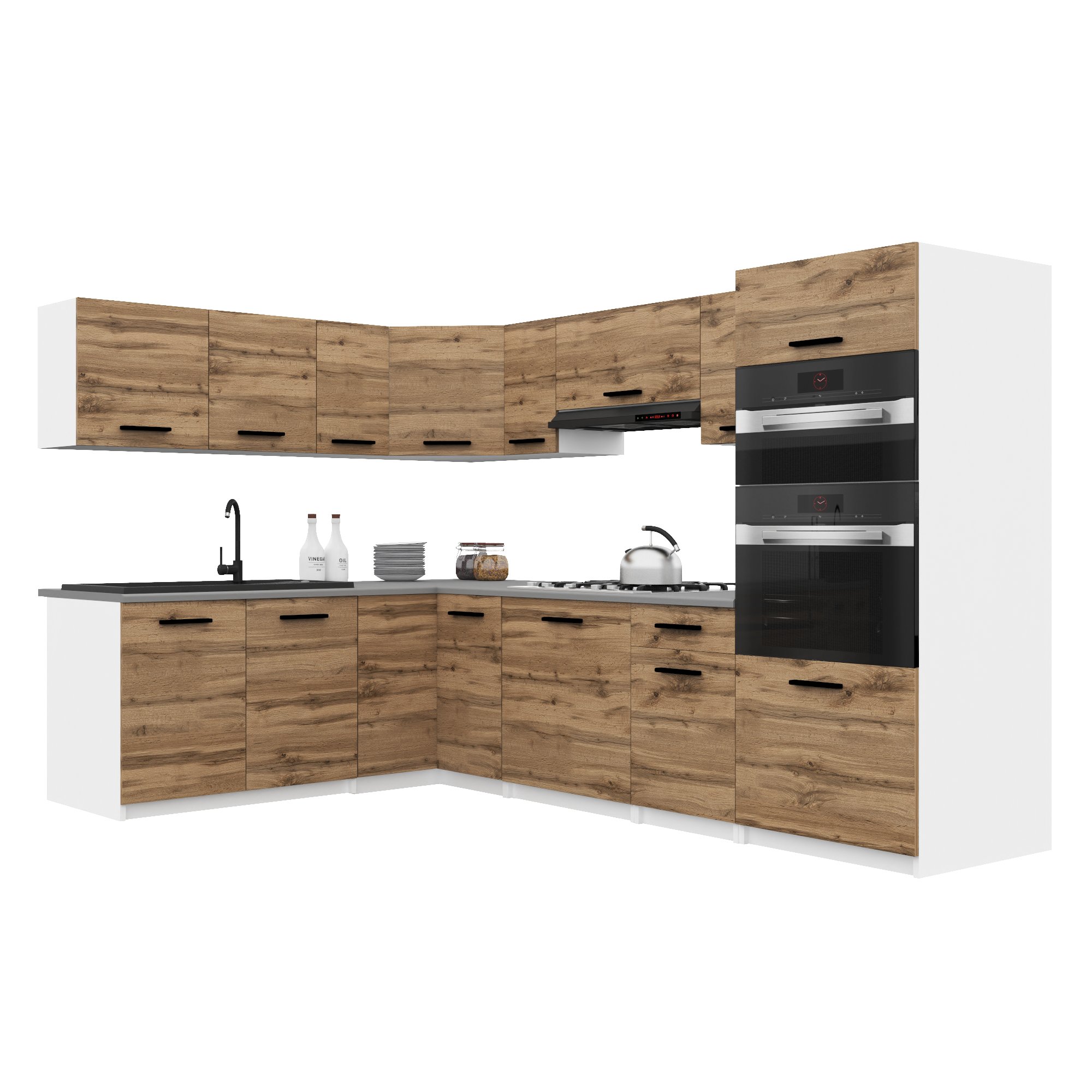 Belini Italia 8 Küche Ausgestattet Modular Komplett - 420 Cm. Ober- Und Unterschränke Mit Arbeitsplatte, Brun Doré