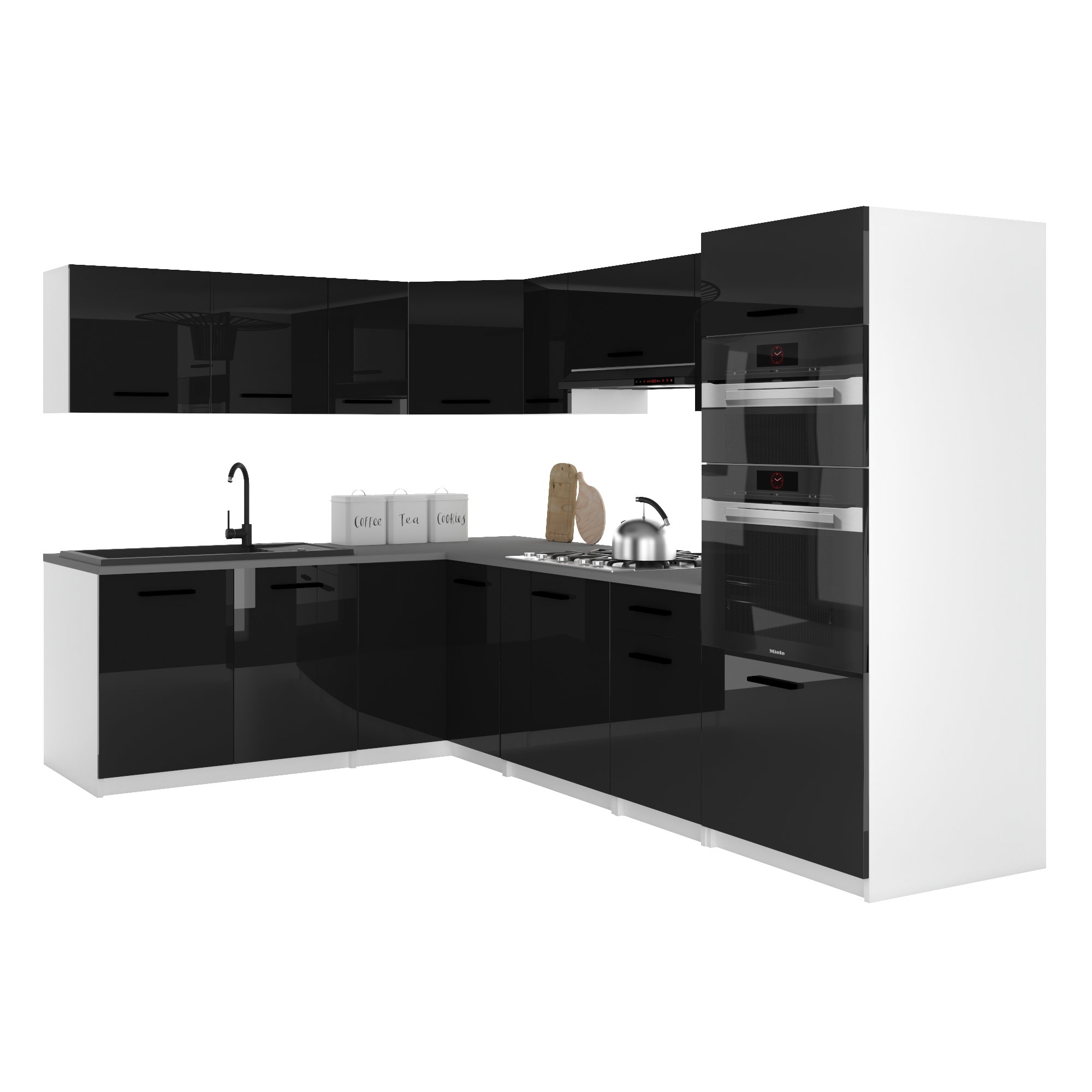 Belini Italia 8 Küche Ausgestattet Modular Komplett - 420 Cm. Ober- Und Unterschränke Mit Arbeitsplatte, Schwarz Hochglanz