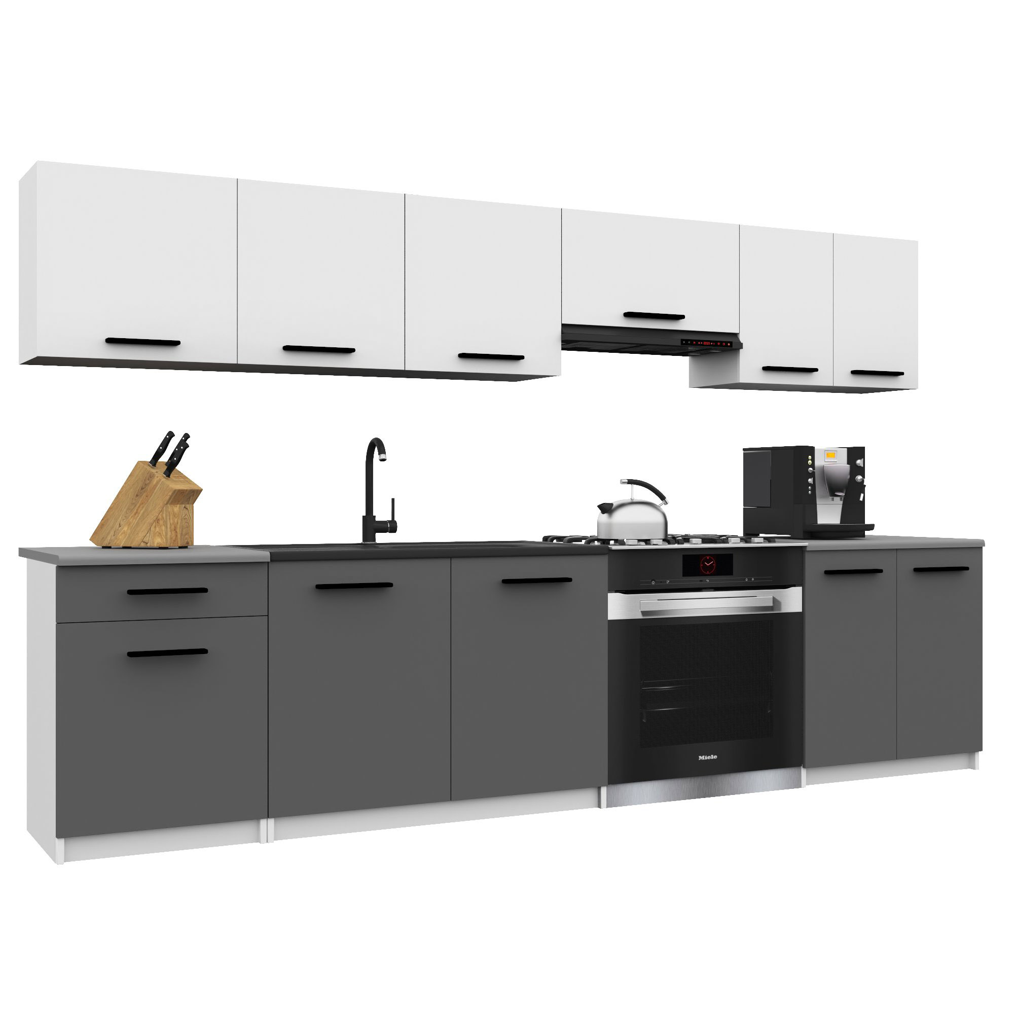 Belini Italia 2 Küche Ausgestattet Modular Komplett - 240 Cm. Ober- Und Unterschränke Mit Arbeitsplatte, Weiß Matt/grau