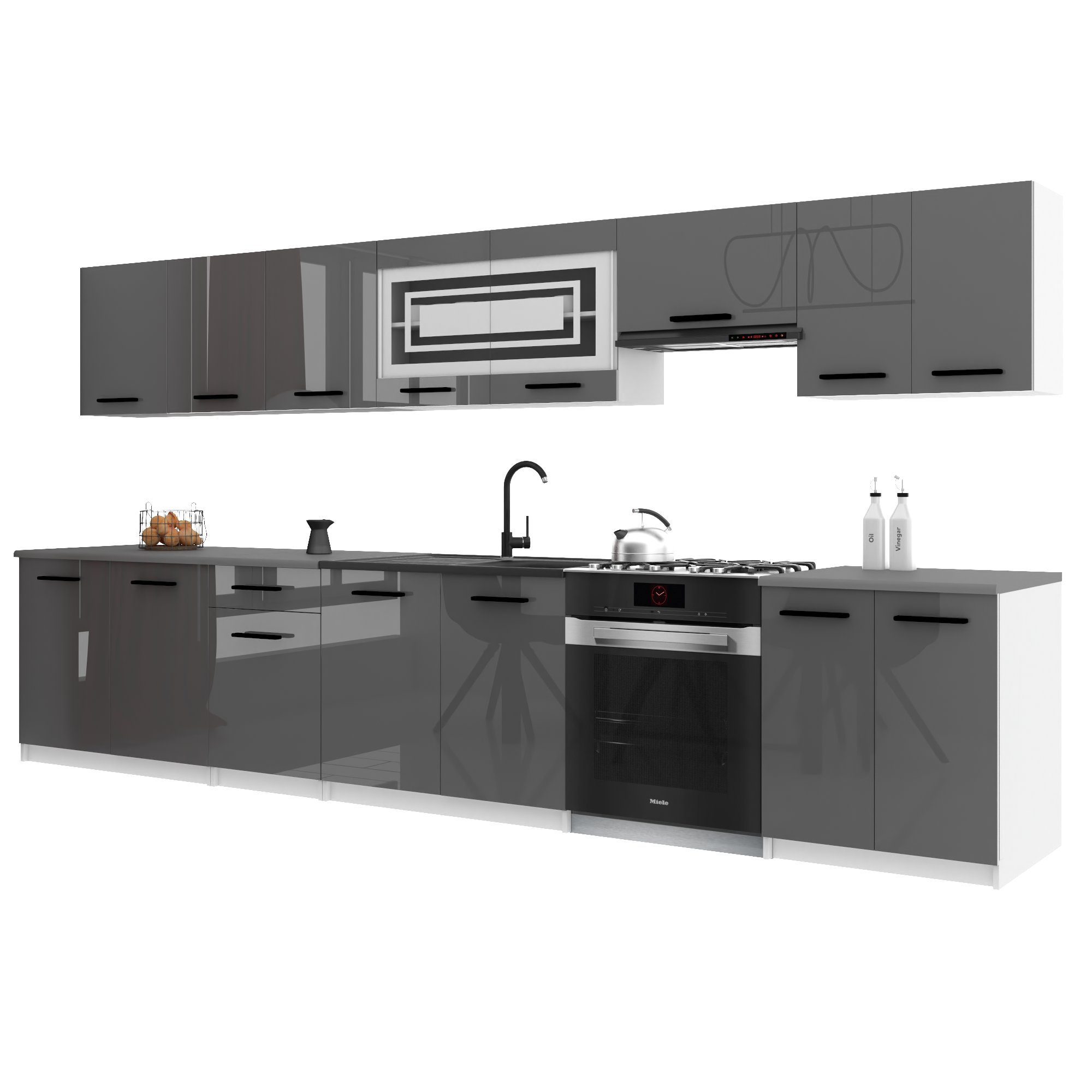 Belini Italia 3 Küche Ausgestattet Modular Komplett - 320 Cm. Ober- Und Unterschränke Mit Arbeitsplatte, Grau Hochglanz