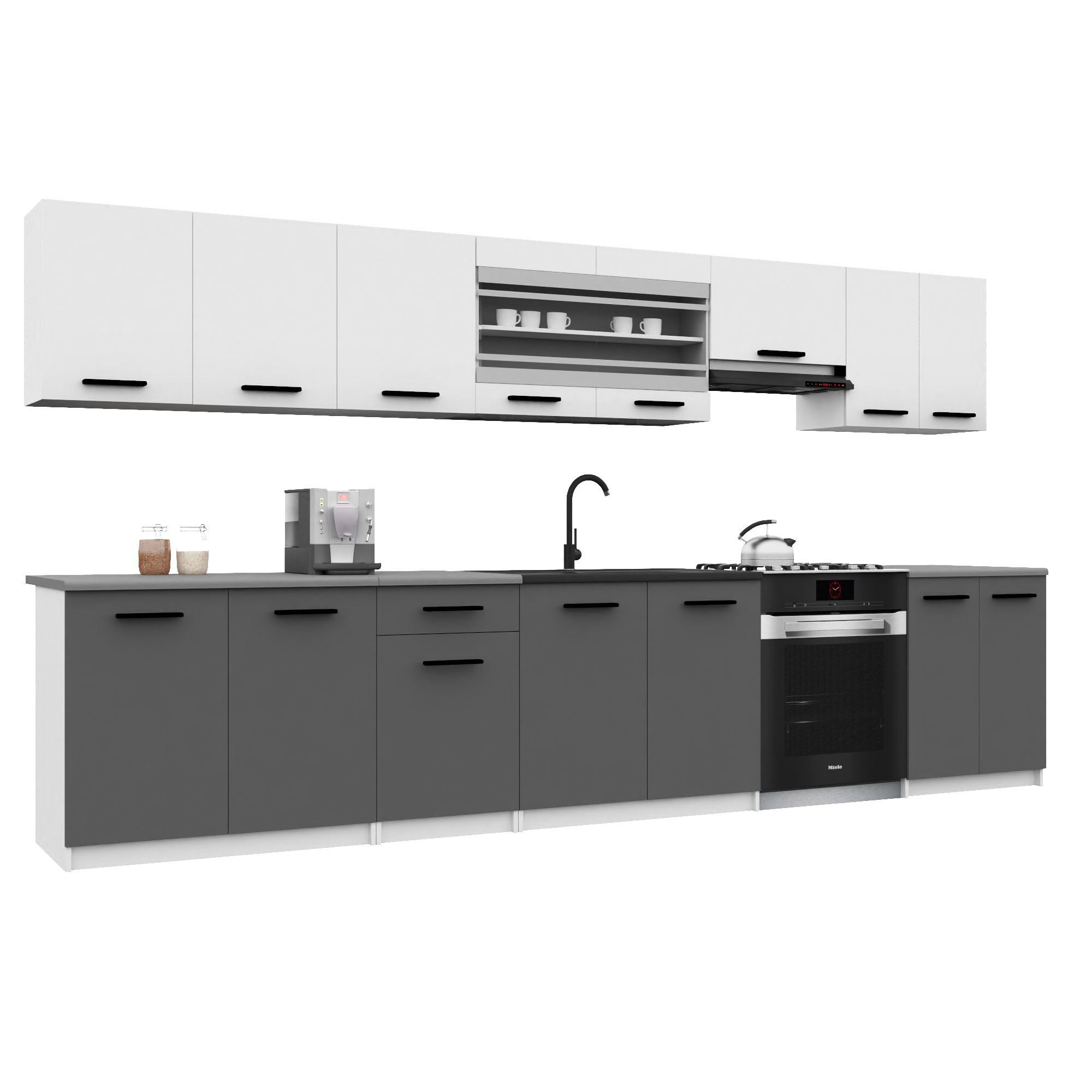 Belini Italia 3 Küche Ausgestattet Modular Komplett - 320 Cm. Ober- Und Unterschränke Mit Arbeitsplatte, Weiß Matt/grau