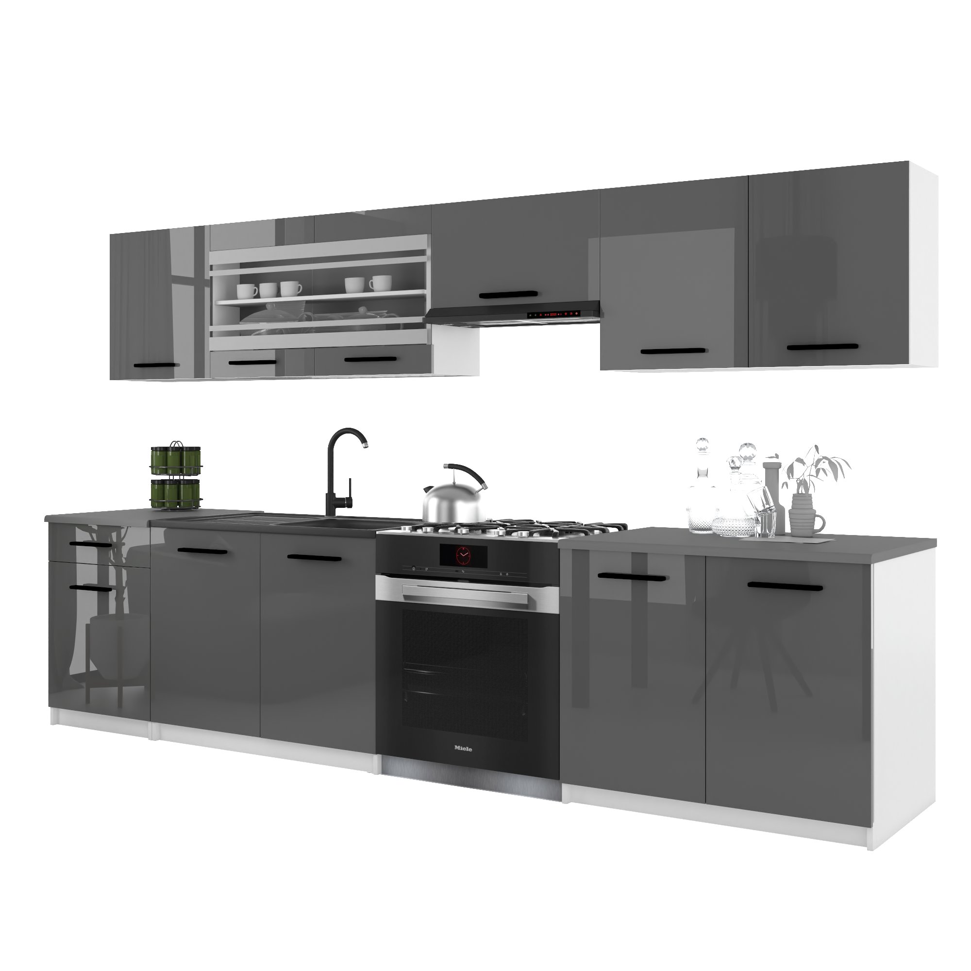 Belini Italia 4 Küche Ausgestattet Modular Komplett - 260 Cm. Ober- Und Unterschränke Mit Arbeitsplatte, Grau Hochglanz