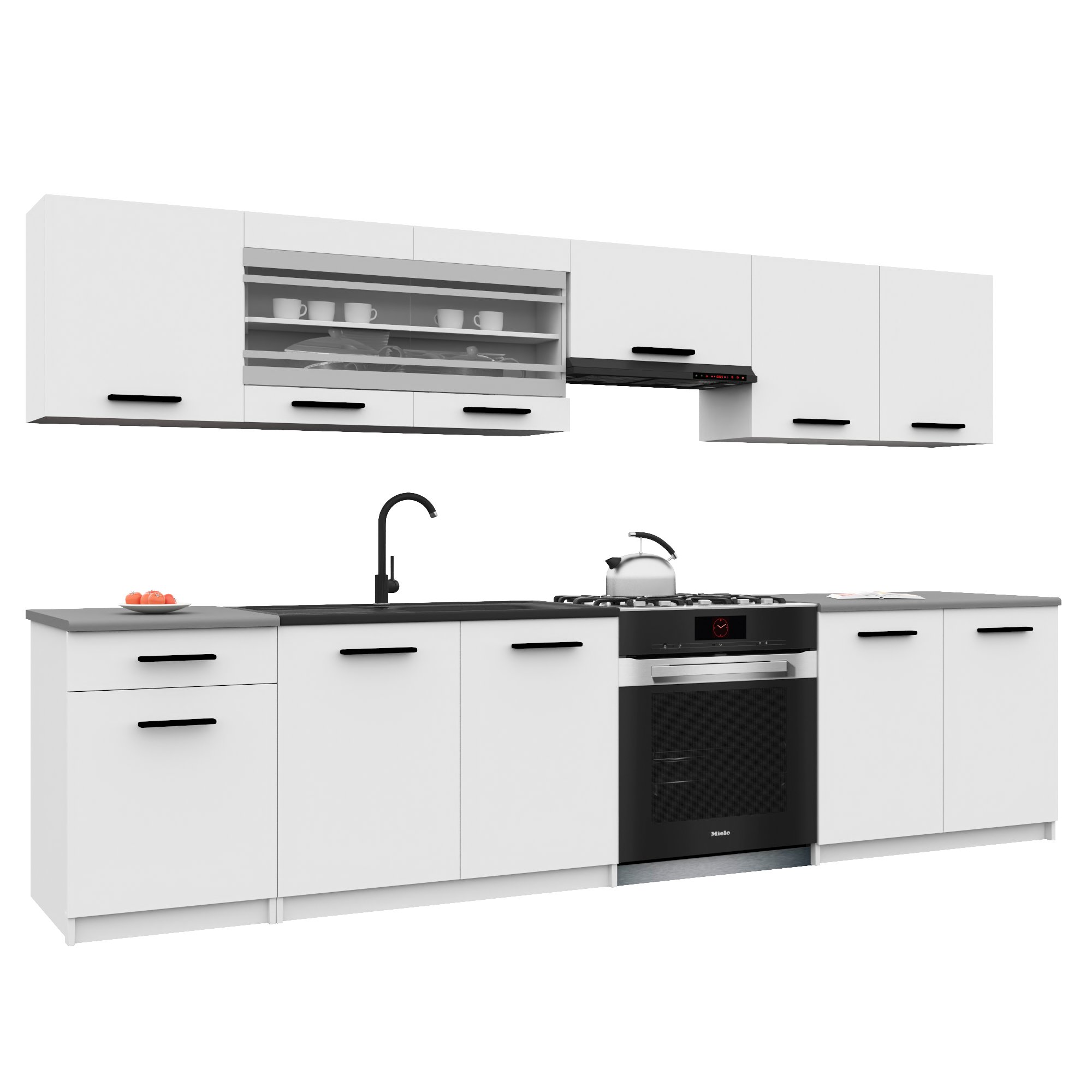 Belini Italia 4 Küche Ausgestattet Modular Komplett - 260 Cm. Ober- Und Unterschränke Mit Arbeitsplatte, Weiß Matt