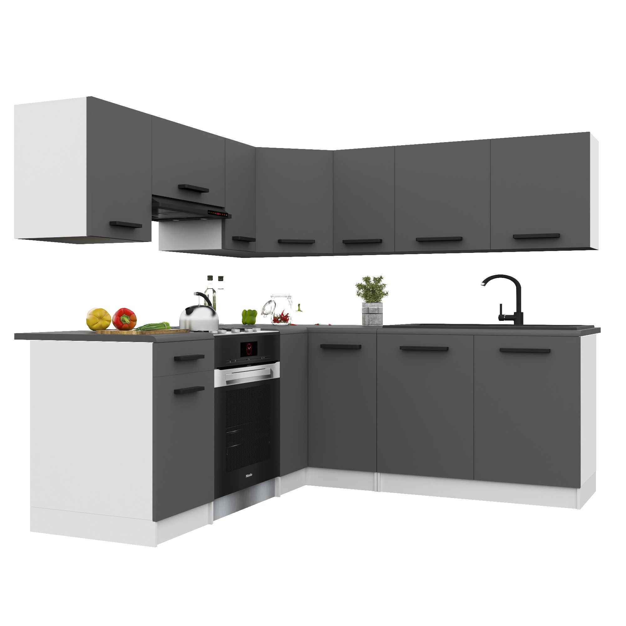 Belini Italia 6 Küche Ausgestattet Modular Komplett - 360 Cm. Ober- Und Unterschränke Mit Arbeitsplatte, Grau Matt