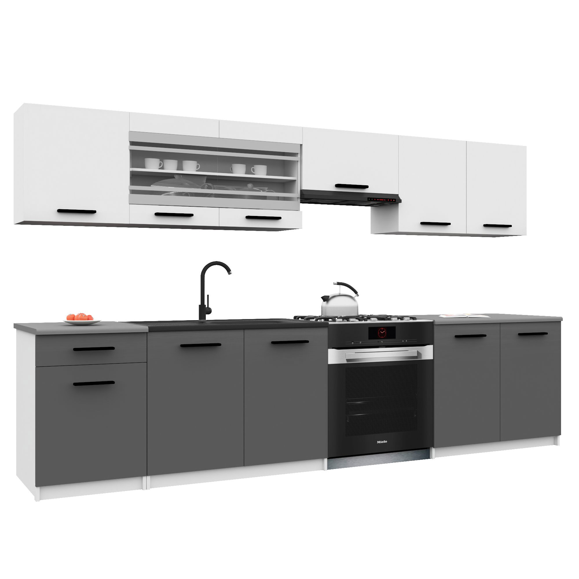 Belini Italia 4 Küche Ausgestattet Modular Komplett - 260 Cm. Ober- Und Unterschränke Mit Arbeitsplatte, Weiß Matt/grau