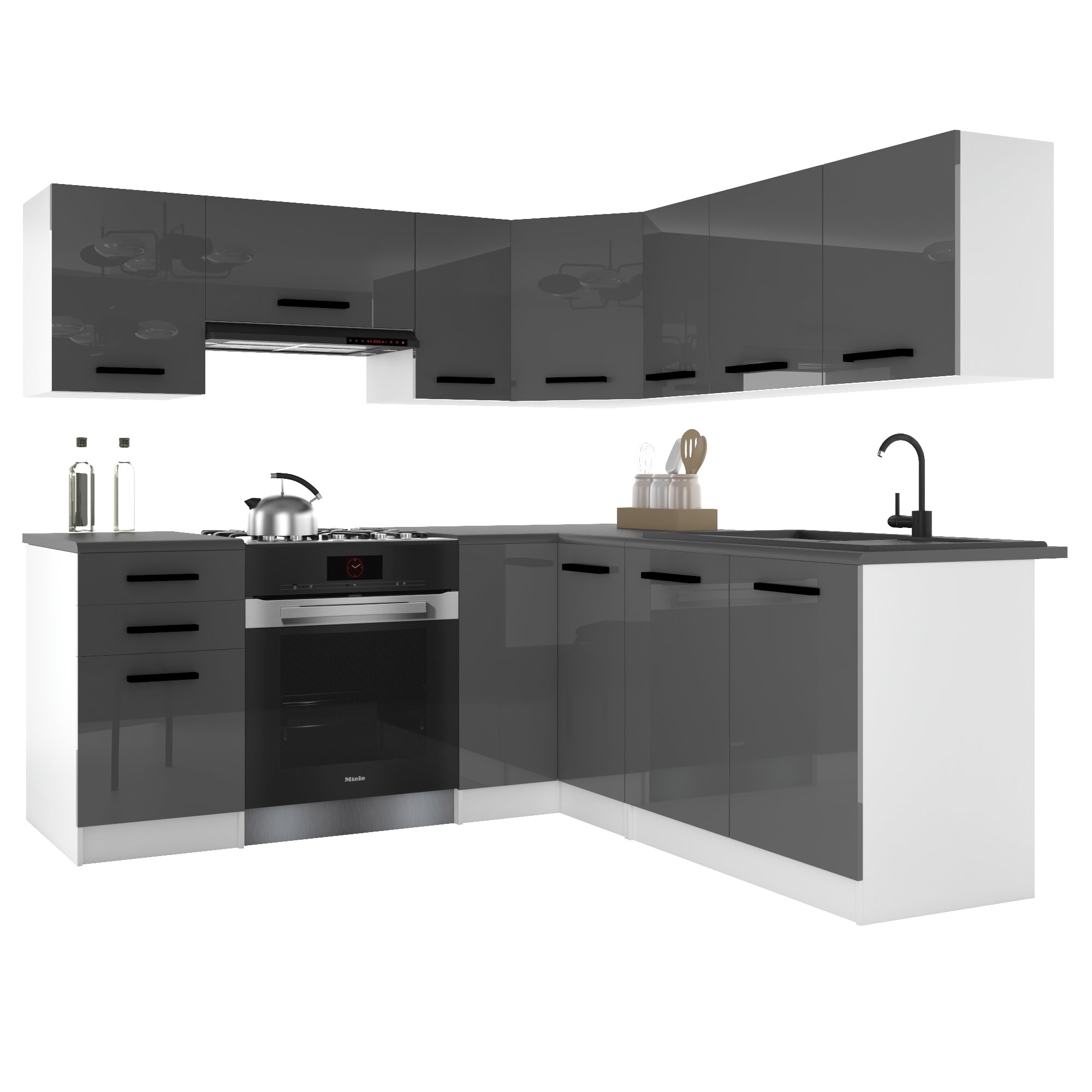 Belini Italia 6 Küche Ausgestattet Modular Komplett - 360 Cm. Ober- Und Unterschränke Mit Arbeitsplatte, Grau Hochglanz