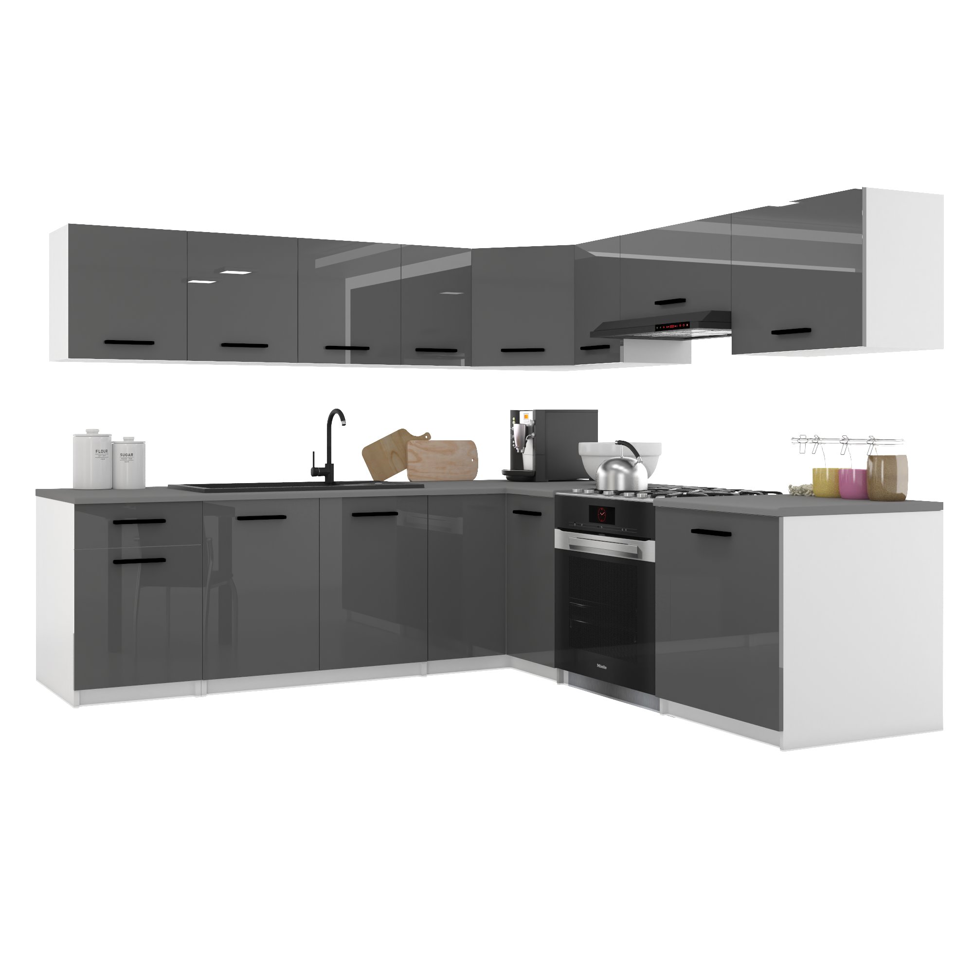 Belini Italia 7 Küche Ausgestattet Modular Komplett - 420 Cm. Ober- Und Unterschränke Mit Arbeitsplatte, Grau Hochglanz