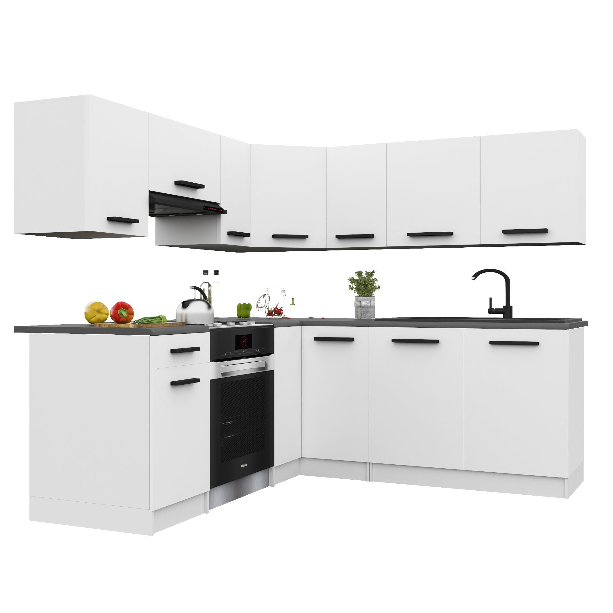 Belini Italia 6 Küche Ausgestattet Modular Komplett - 360 Cm. Ober- Und Unterschränke Mit Arbeitsplatte, Weiß Matt
