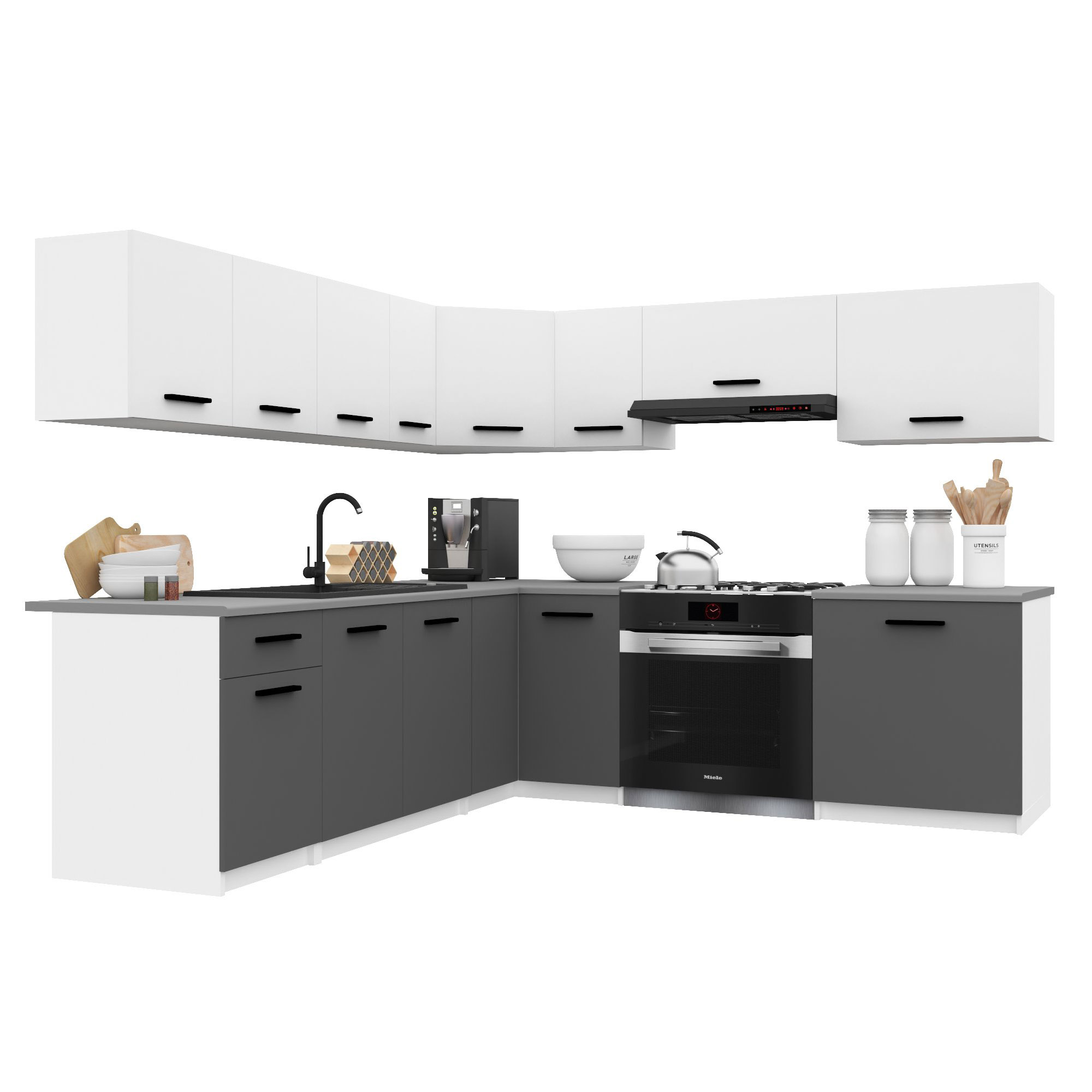 Belini Italia 7 Küche Ausgestattet Modular Komplett - 420 Cm. Ober- Und Unterschränke Mit Arbeitsplatte, Weiß Matt/grau
