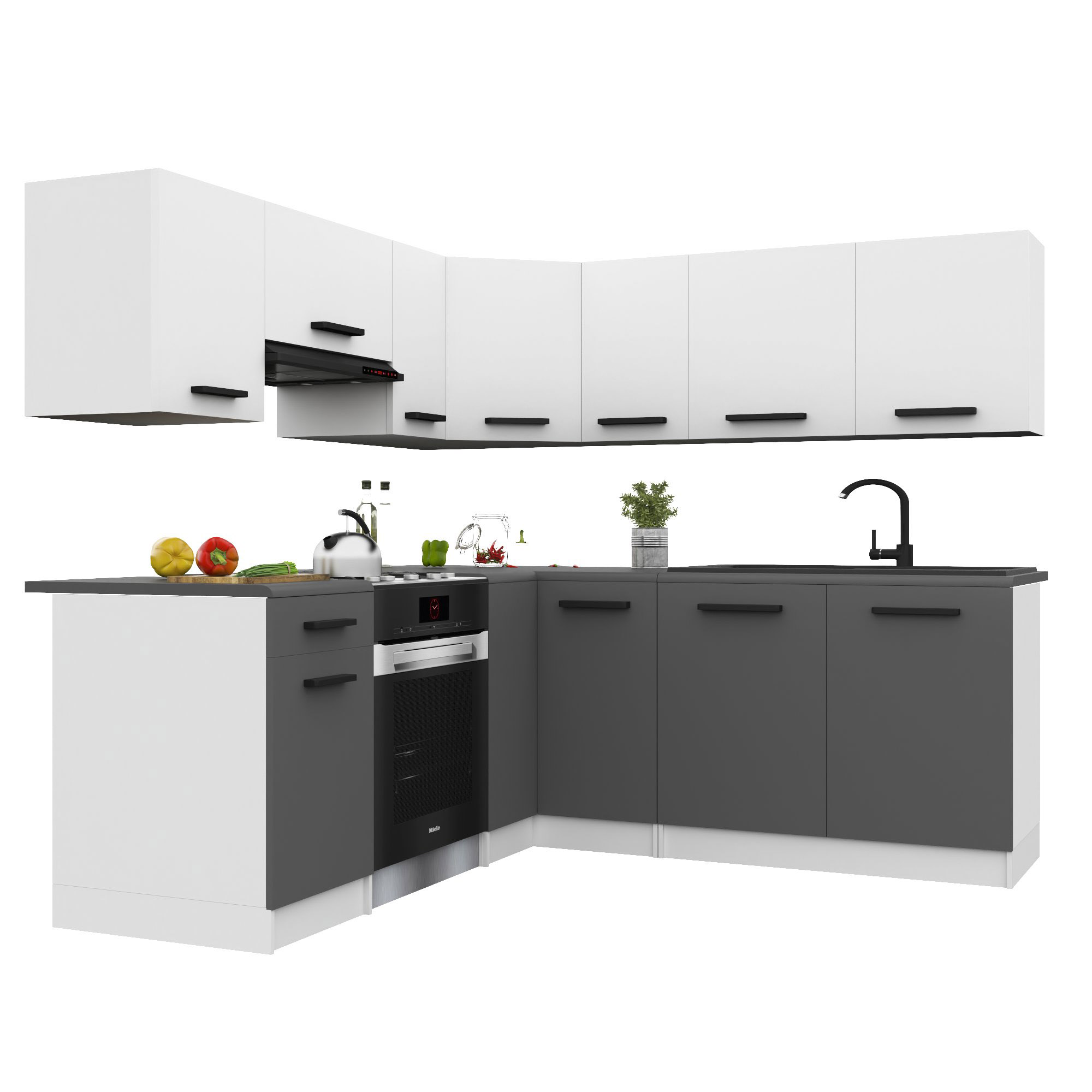 Belini Italia 6 Küche Ausgestattet Modular Komplett - 360 Cm. Ober- Und Unterschränke Mit Arbeitsplatte, Weiß Matt/grau
