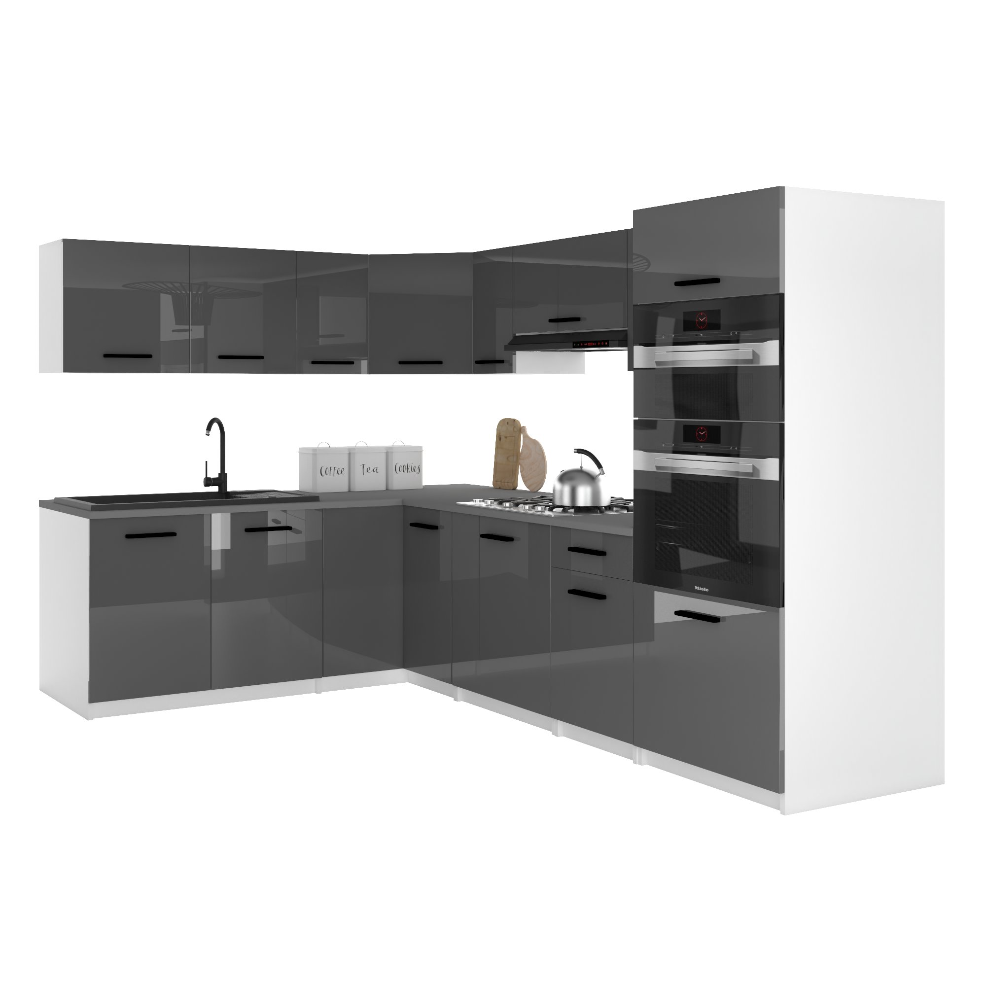 Belini Italia 8 Küche Ausgestattet Modular Komplett - 420 Cm. Ober- Und Unterschränke Mit Arbeitsplatte, Grau Hochglanz