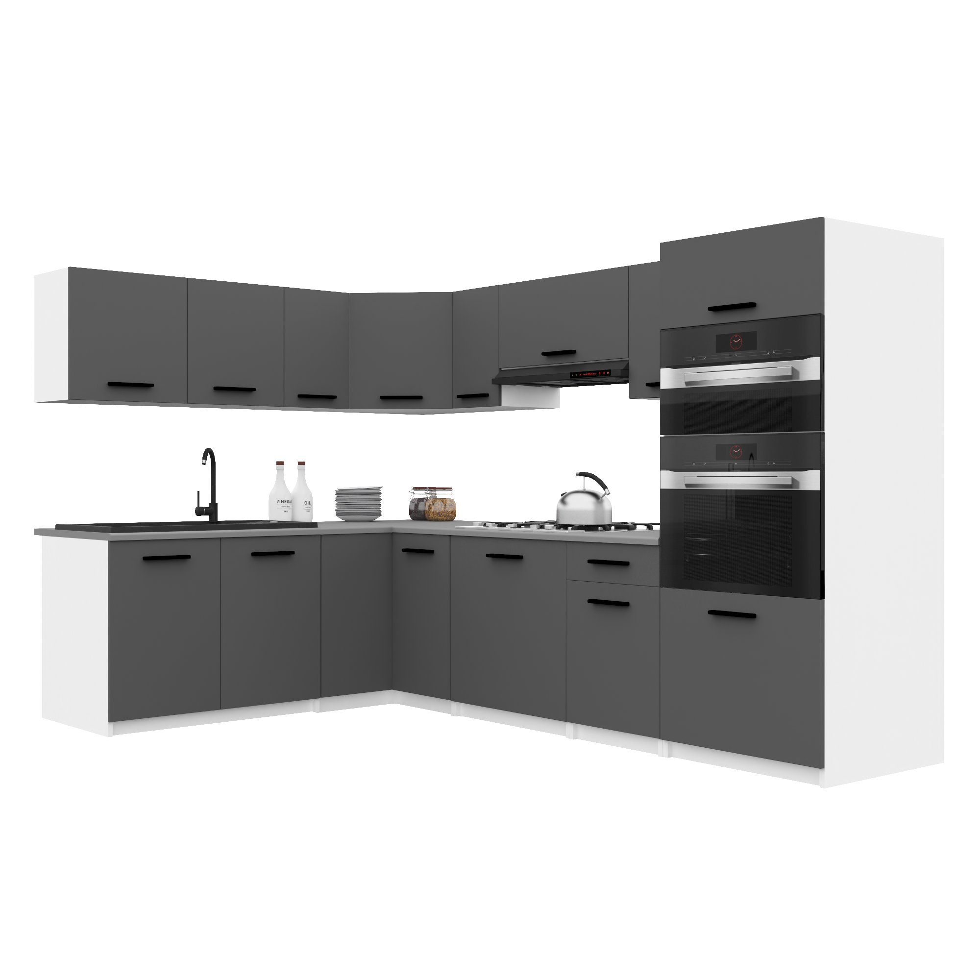Belini Italia 8 Küche Ausgestattet Modular Komplett - 420 Cm. Ober- Und Unterschränke Mit Arbeitsplatte, Grau Matt