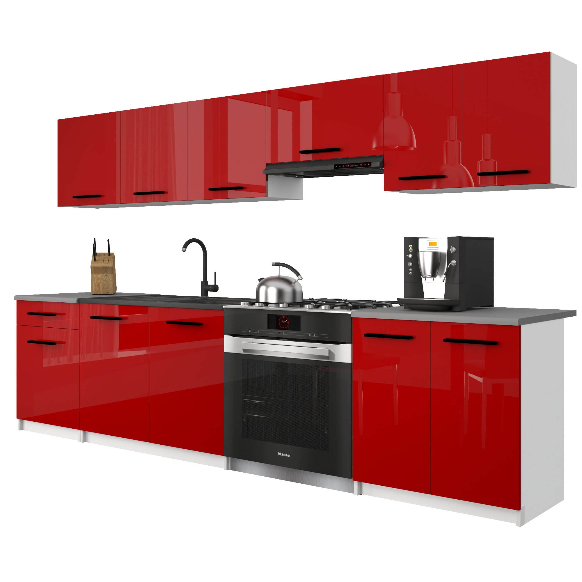 Belini Italia 2 Küche Ausgestattet Modular Komplett - 240 Cm. Ober- Und Unterschränke Mit Arbeitsplatte, Rouge