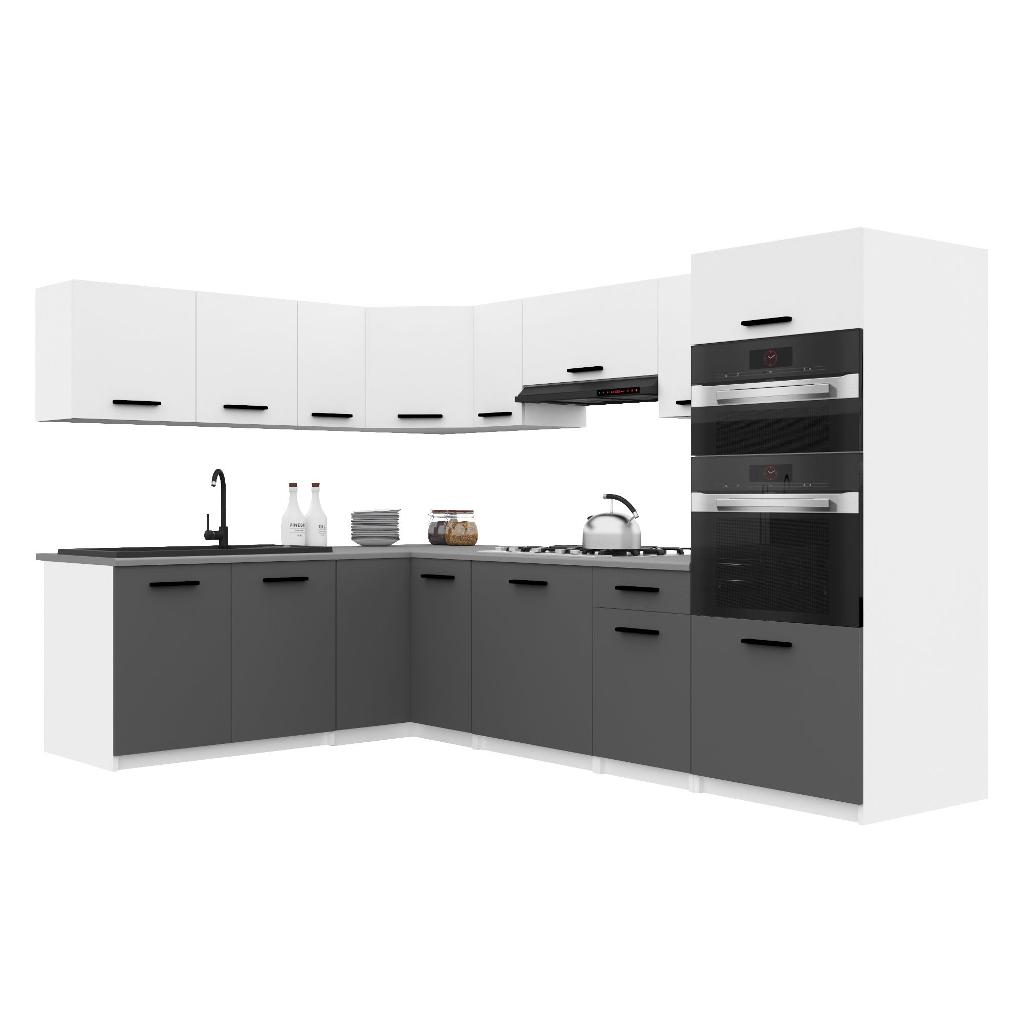 Belini Italia 8 Küche Ausgestattet Modular Komplett - 420 Cm. Ober- Und Unterschränke Mit Arbeitsplatte, Weiß Matt/grau