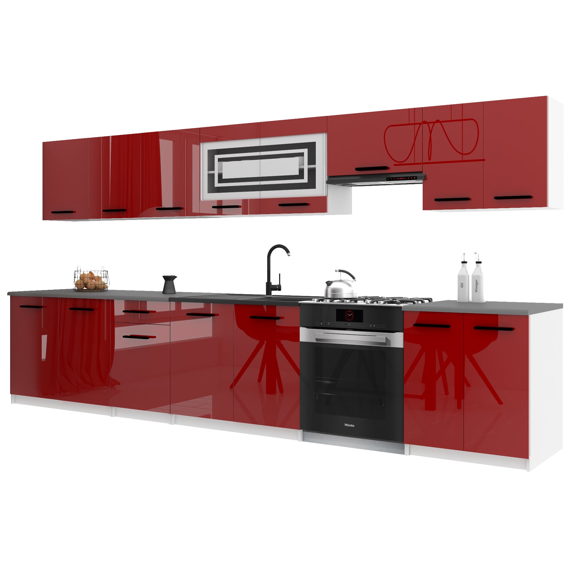 Belini Italia 3 Küche Ausgestattet Modular Komplett - 320 Cm. Ober- Und Unterschränke Mit Arbeitsplatte, Rouge