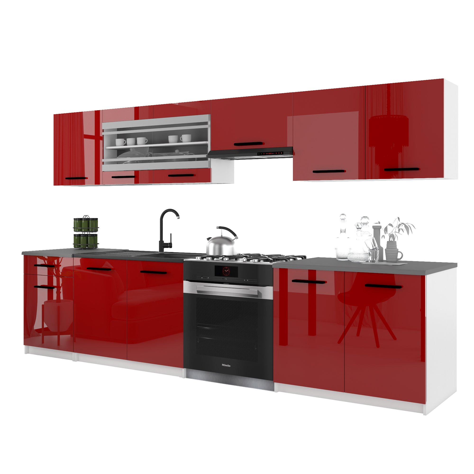 Belini Italia 4 Küche Ausgestattet Modular Komplett - 260 Cm. Ober- Und Unterschränke Mit Arbeitsplatte, Rouge