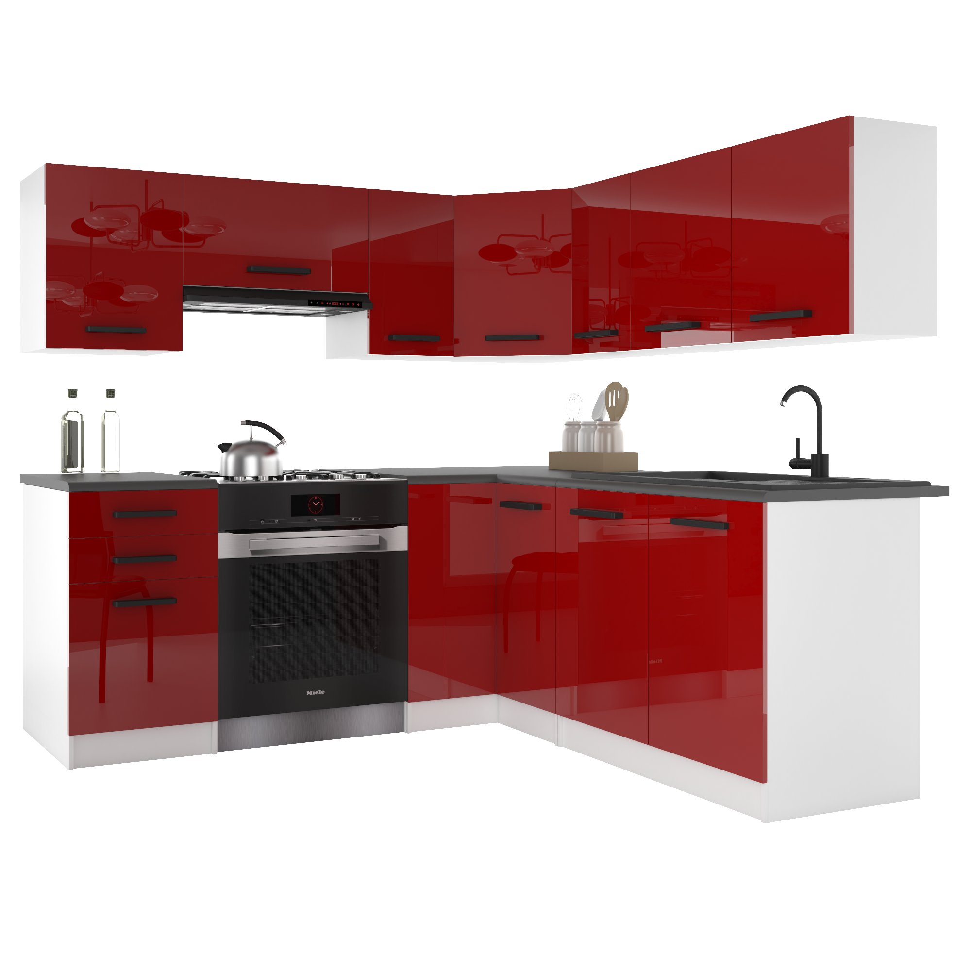 Belini Italia 6 Küche Ausgestattet Modular Komplett - 360 Cm. Ober- Und Unterschränke Mit Arbeitsplatte, Rouge