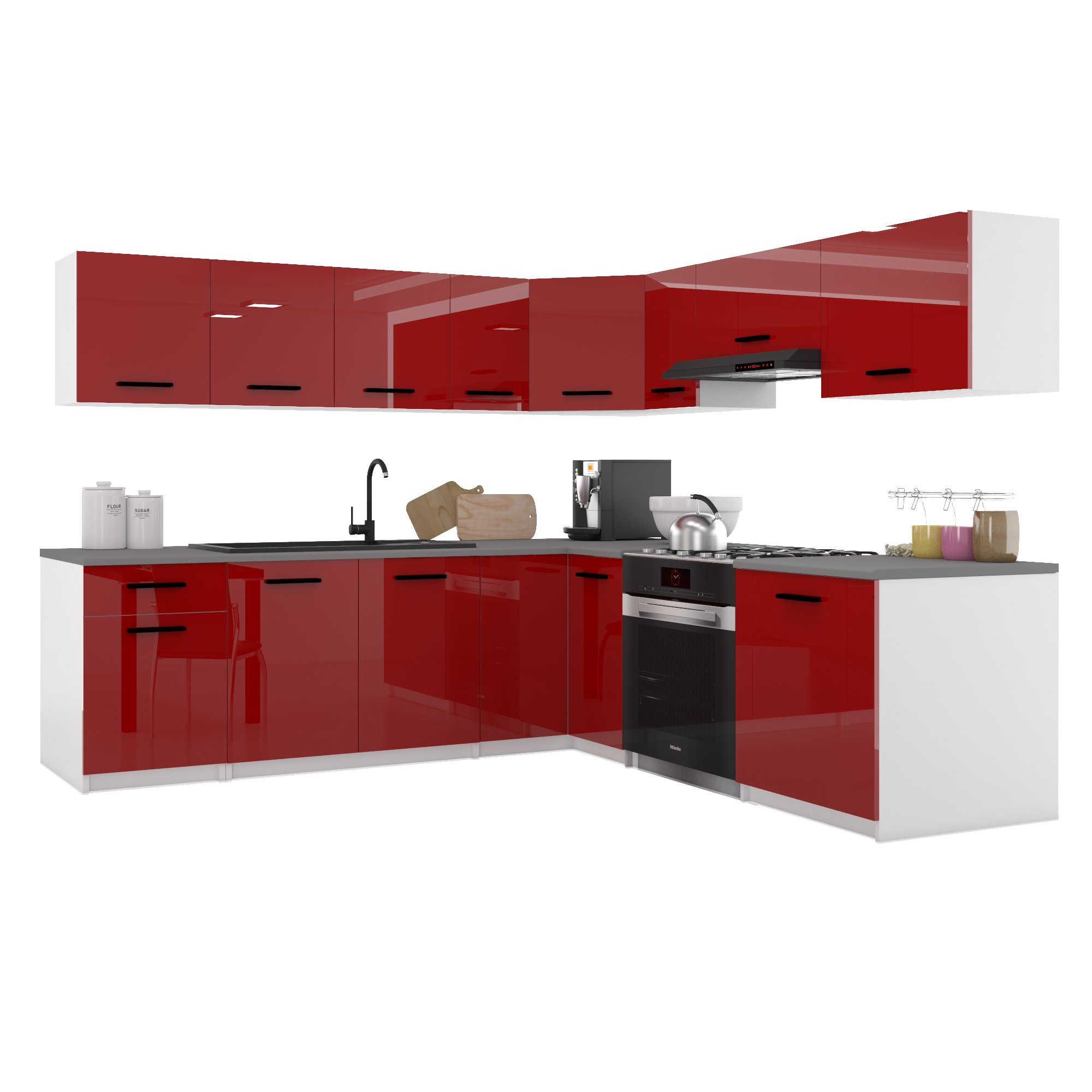 Belini Italia 7 Küche Ausgestattet Modular Komplett - 420 Cm. Ober- Und Unterschränke Mit Arbeitsplatte, Rouge