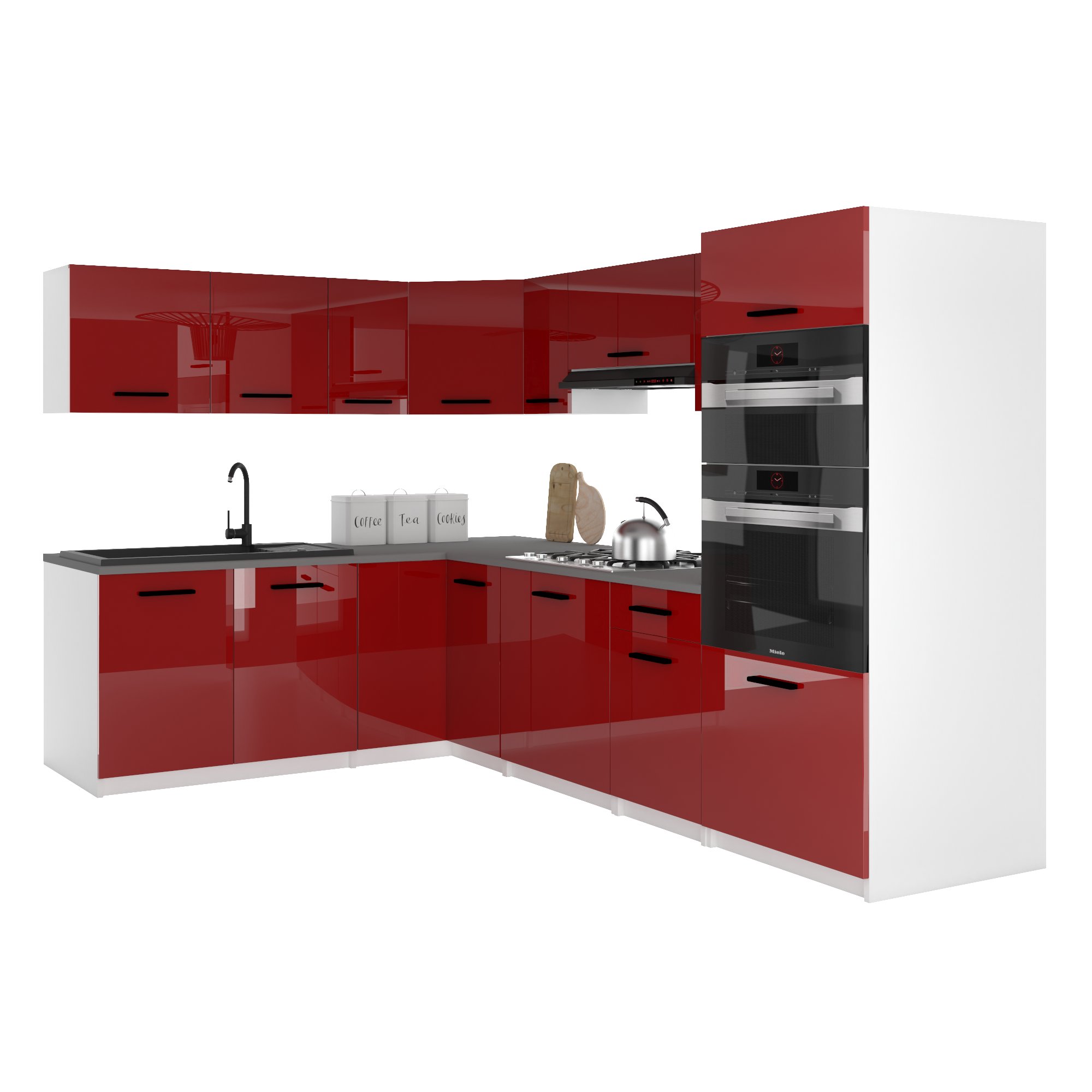 Belini Italia 8 Küche Ausgestattet Modular Komplett - 420 Cm. Ober- Und Unterschränke Mit Arbeitsplatte, Rouge