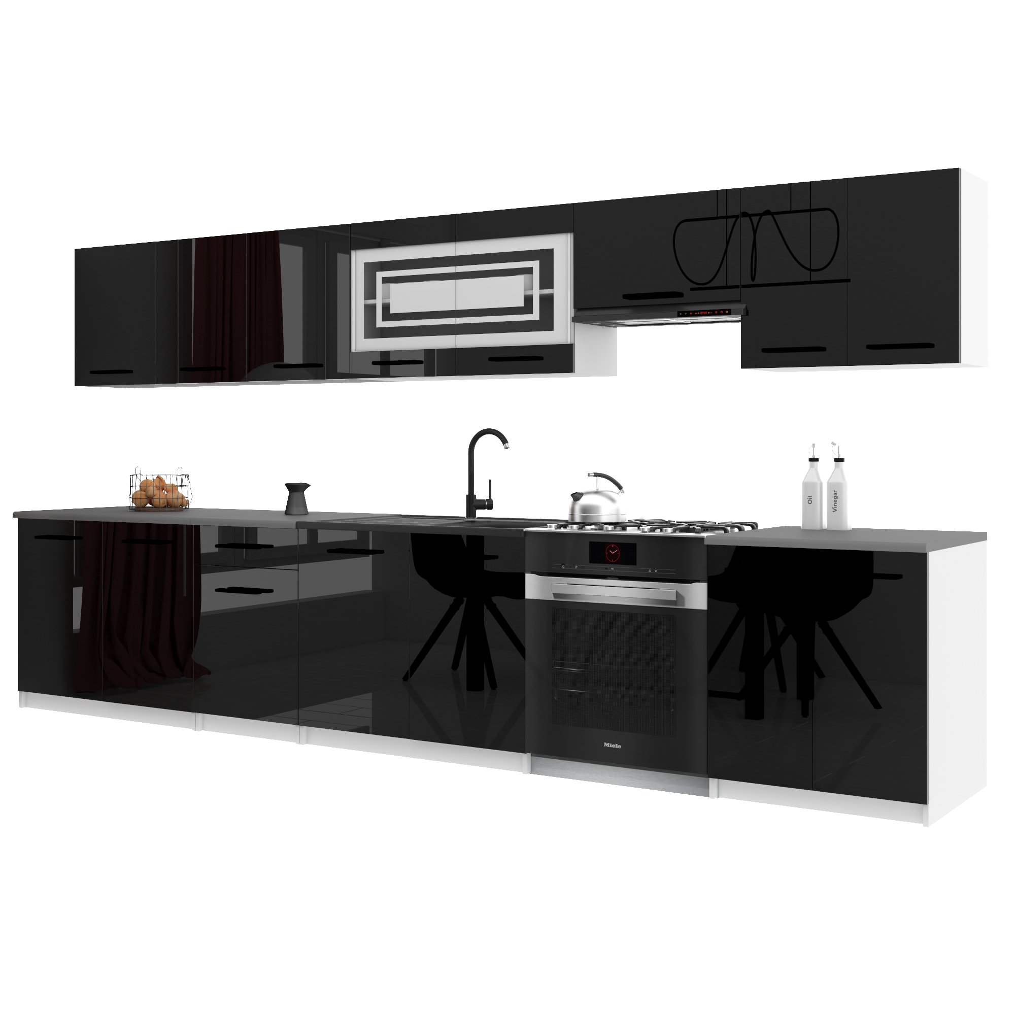 Belini Italia 3 Küche Ausgestattet Modular Komplett - 320 Cm. Ober- Und Unterschränke Mit Arbeitsplatte, Schwarz Hochglanz