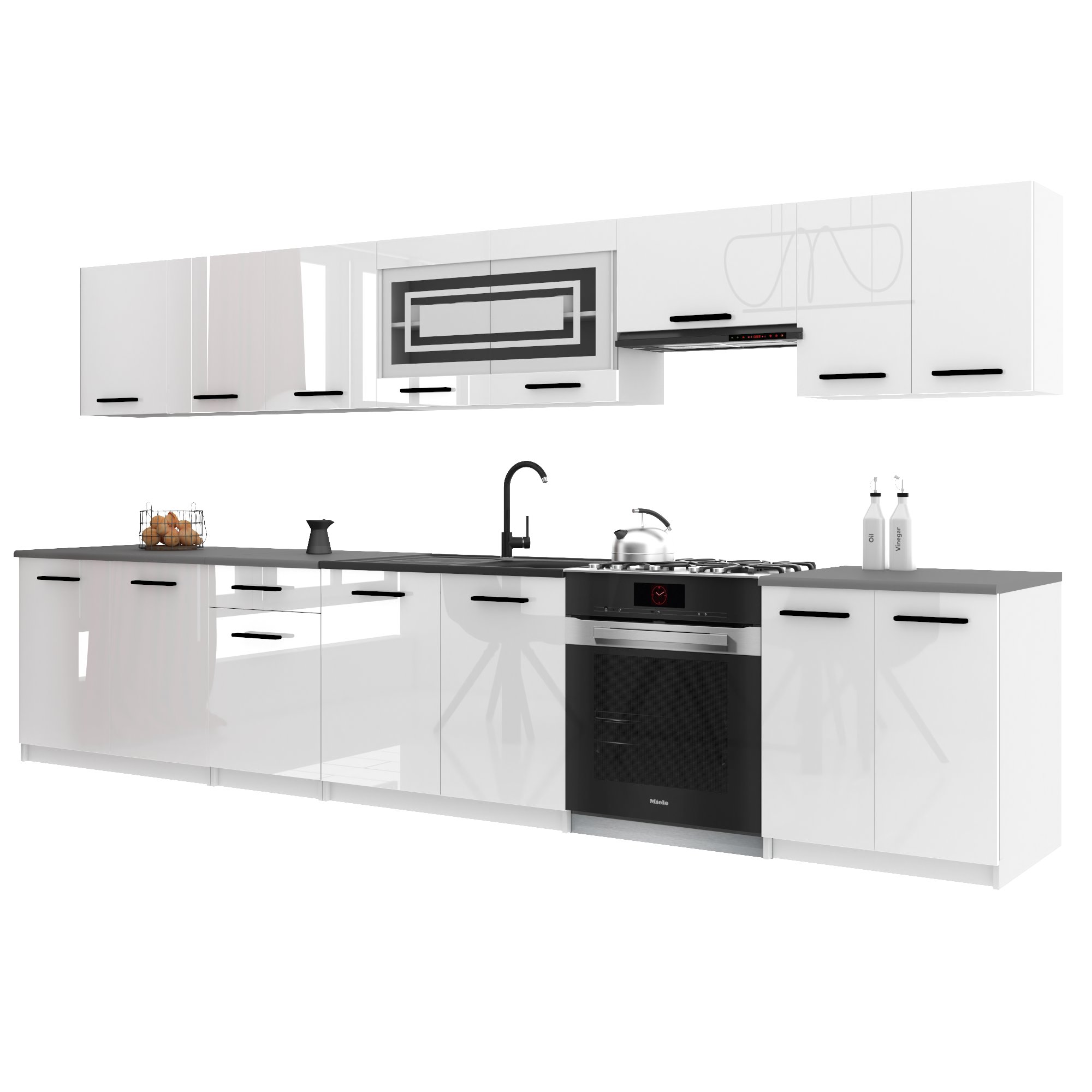 Belini Italia 3 Küche Ausgestattet Modular Komplett - 320 Cm. Ober- Und Unterschränke Mit Arbeitsplatte, Weiß Hochglanz