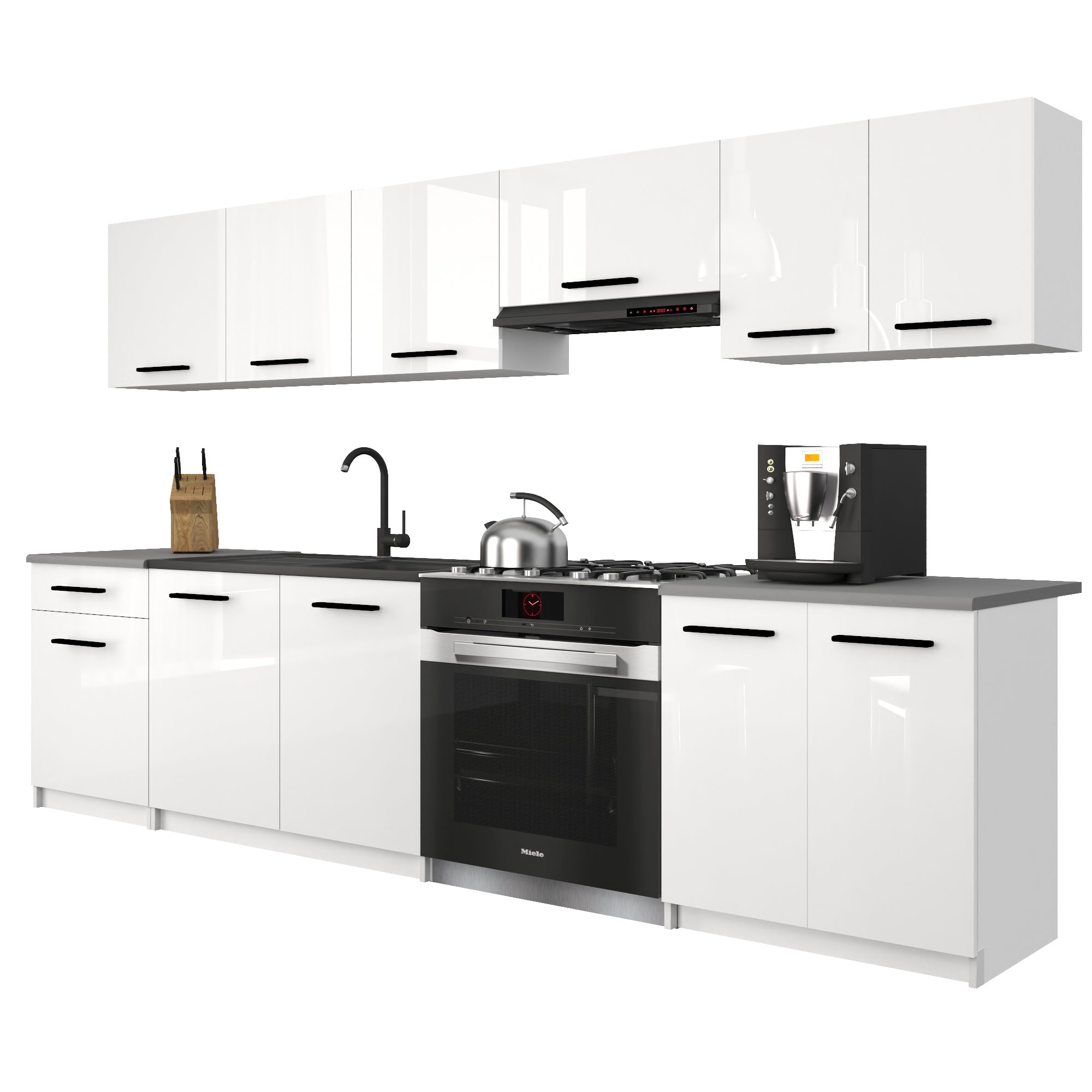 Belini Italia 2 Küche Ausgestattet Modular Komplett - 240 Cm. Ober- Und Unterschränke Mit Arbeitsplatte, Weiß Hochglanz