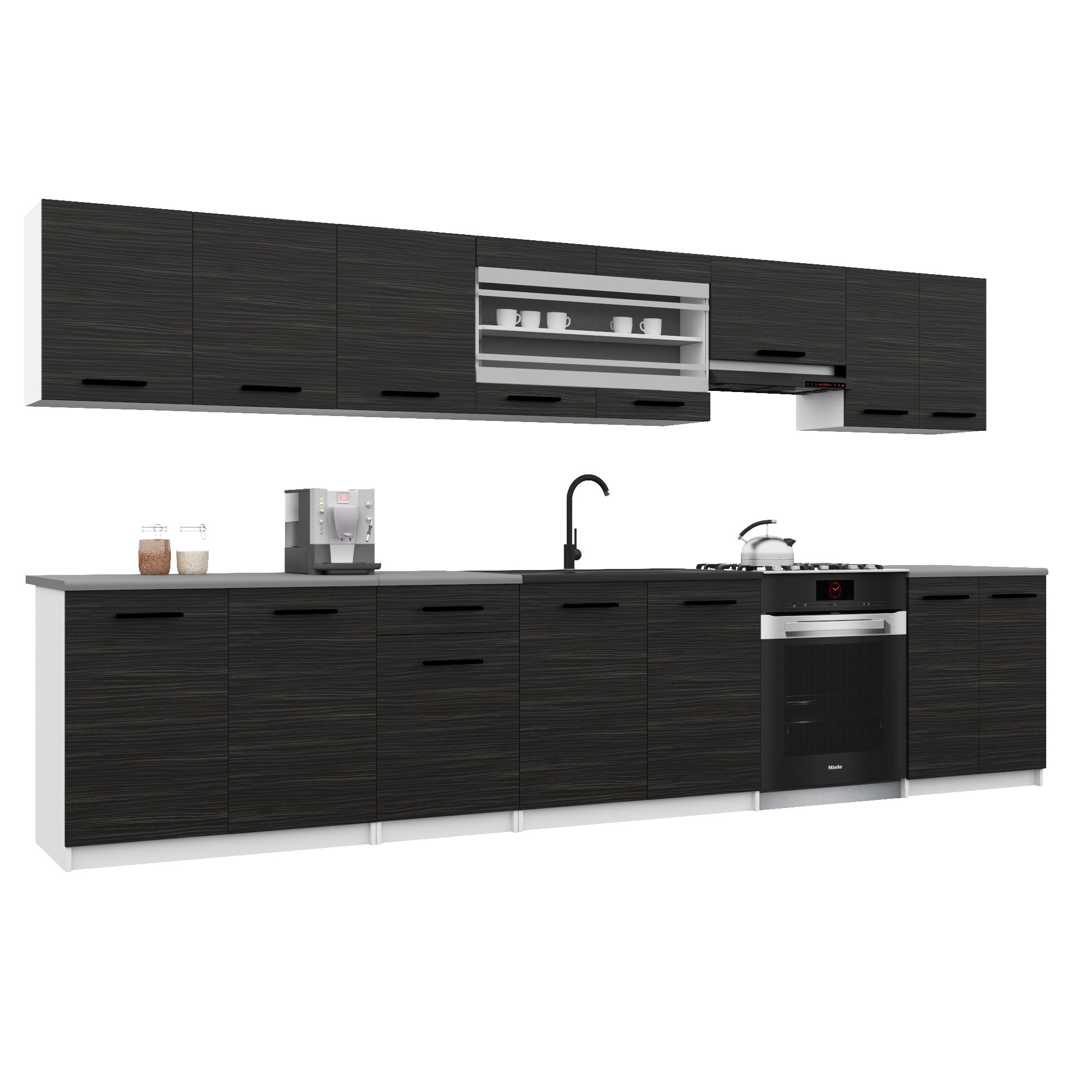 Belini Italia 3 Küche Ausgestattet Modular Komplett - 320 Cm. Ober- Und Unterschränke Mit Arbeitsplatte, Ébène