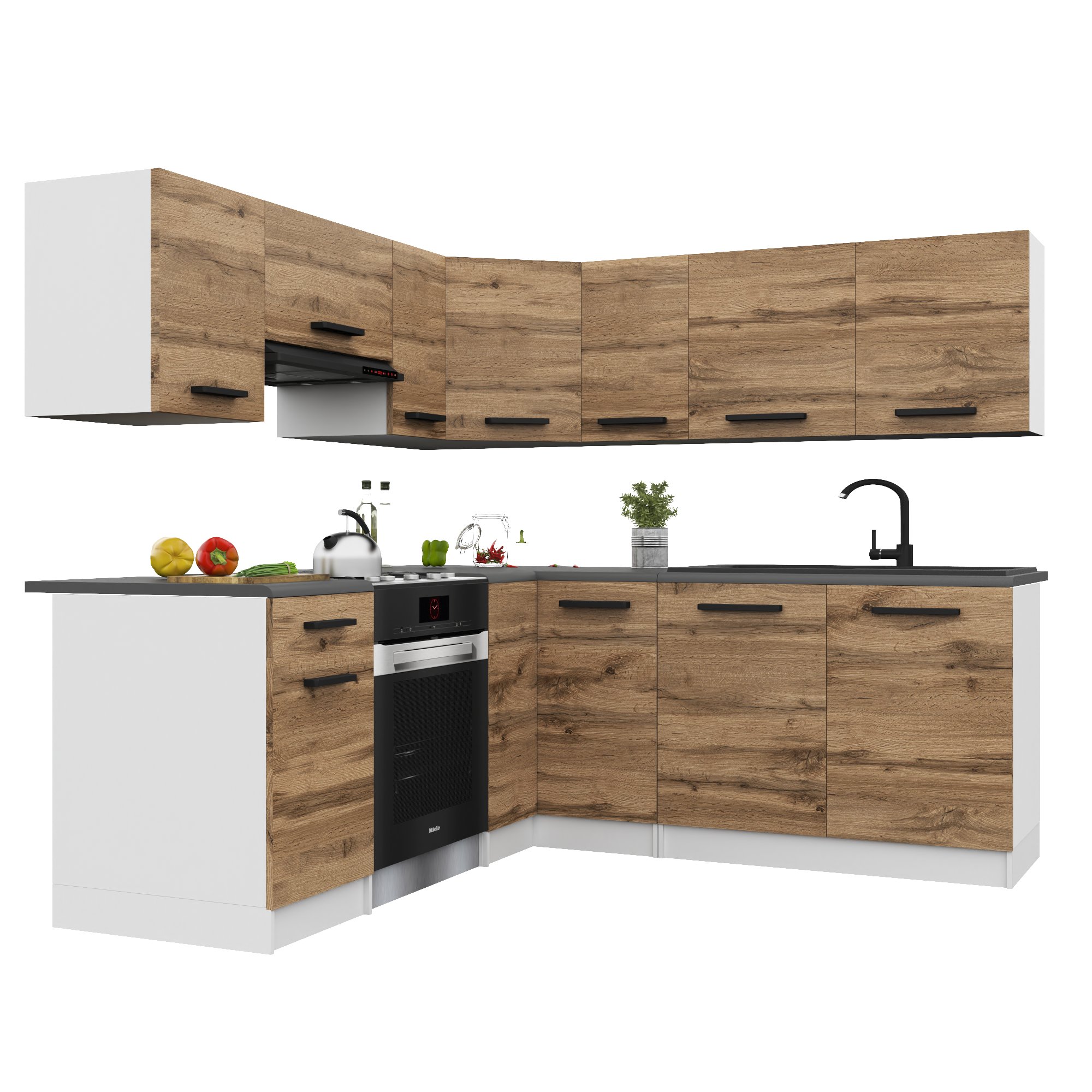 Belini Italia 6 Küche Ausgestattet Modular Komplett - 360 Cm. Ober- Und Unterschränke Mit Arbeitsplatte, Brun Doré