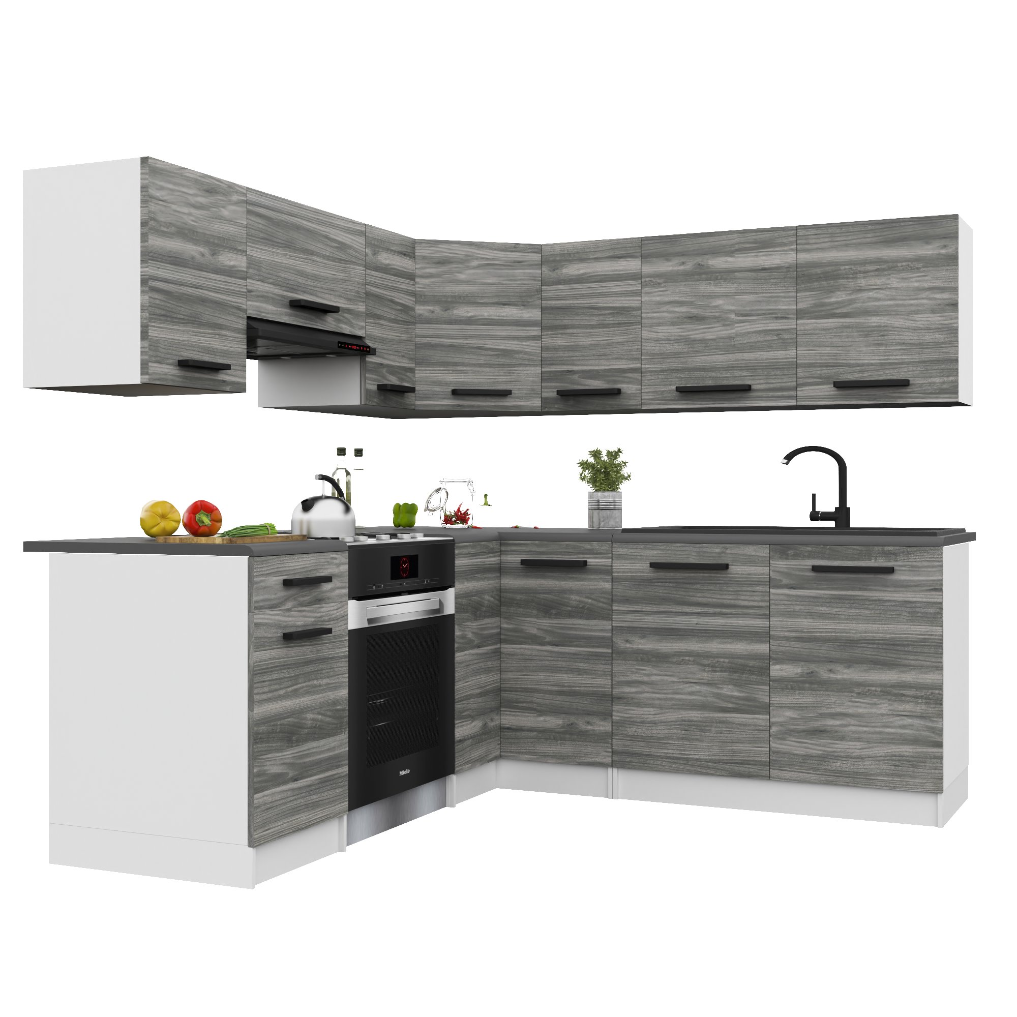 Belini Italia 6 Küche Ausgestattet Modular Komplett - 360 Cm. Ober- Und Unterschränke Mit Arbeitsplatte, Gris Glamour