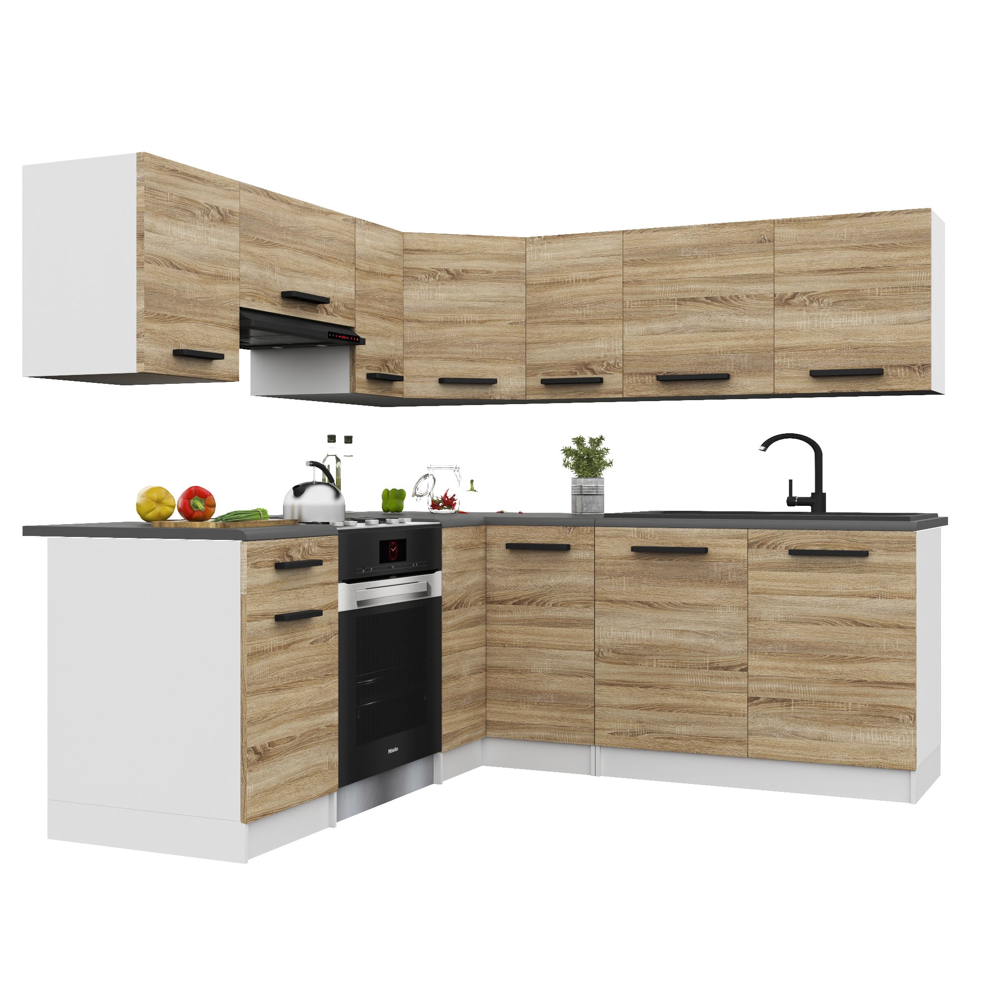 Belini Italia 6 Küche Ausgestattet Modular Komplett - 360 Cm. Ober- Und Unterschränke Mit Arbeitsplatte, Chêne Sonoma