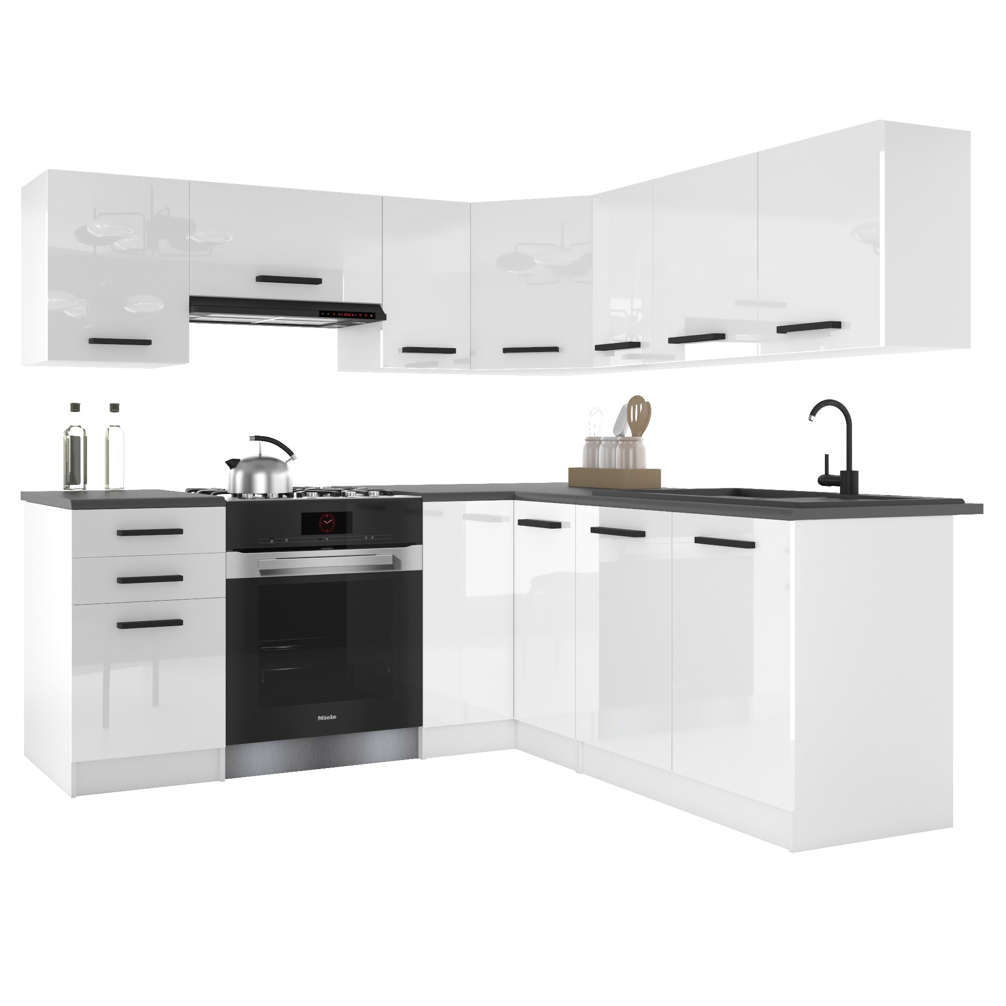 Belini Italia 6 Küche Ausgestattet Modular Komplett - 360 Cm. Ober- Und Unterschränke Mit Arbeitsplatte, Weiß Hochglanz