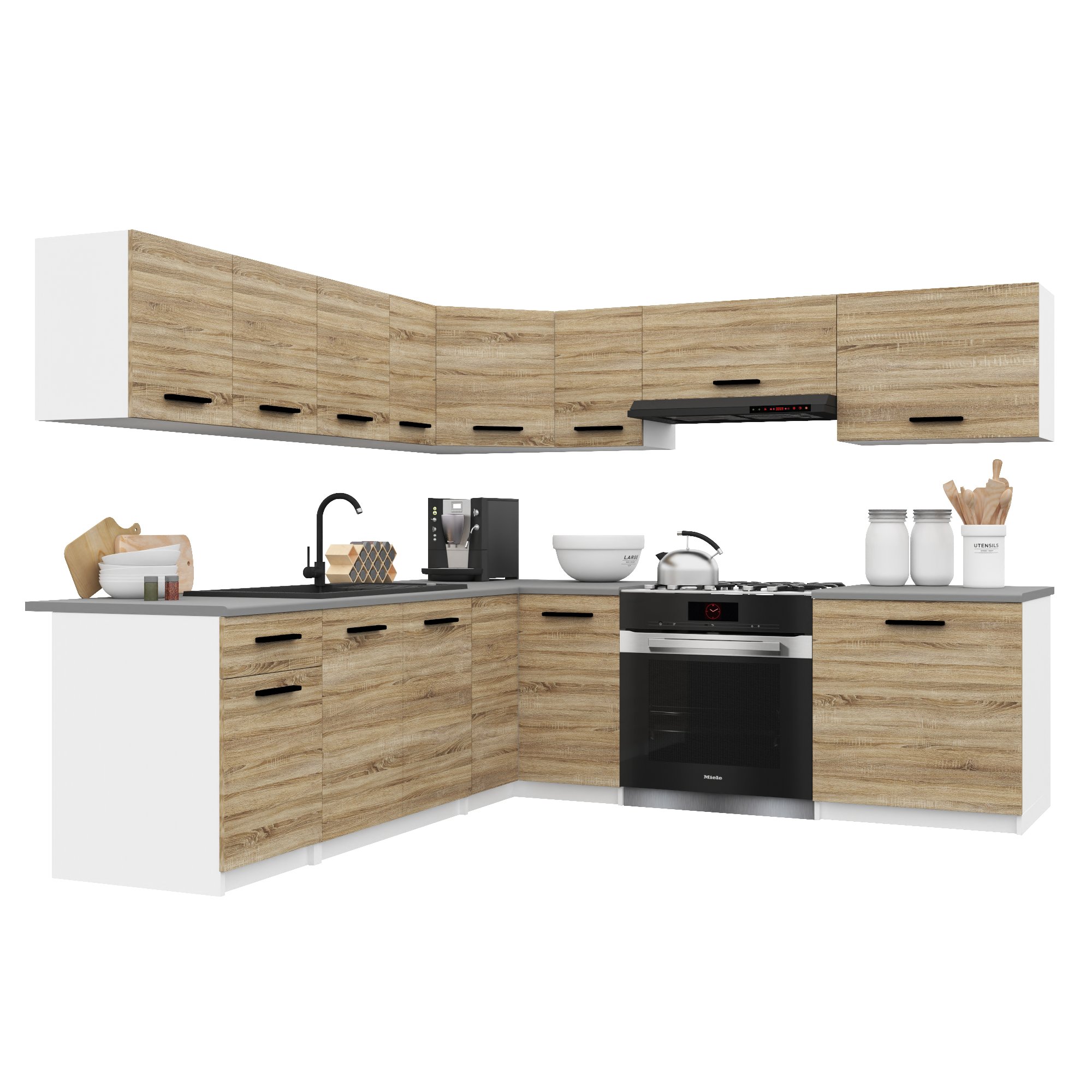 Belini Italia 7 Küche Ausgestattet Modular Komplett - 420 Cm. Ober- Und Unterschränke Mit Arbeitsplatte, Chêne Sonoma