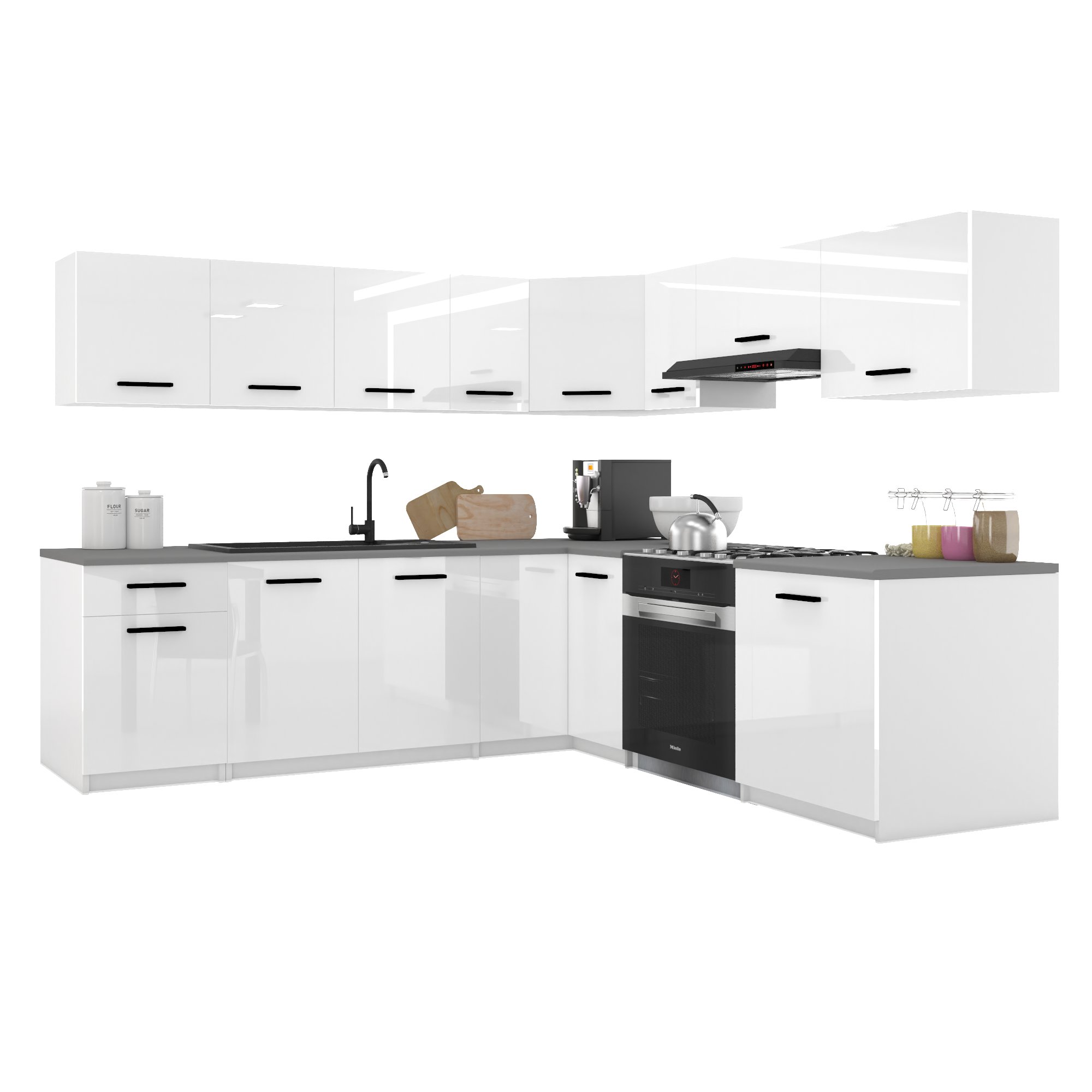 Belini Italia 7 Küche Ausgestattet Modular Komplett - 420 Cm. Ober- Und Unterschränke Mit Arbeitsplatte, Weiß Hochglanz