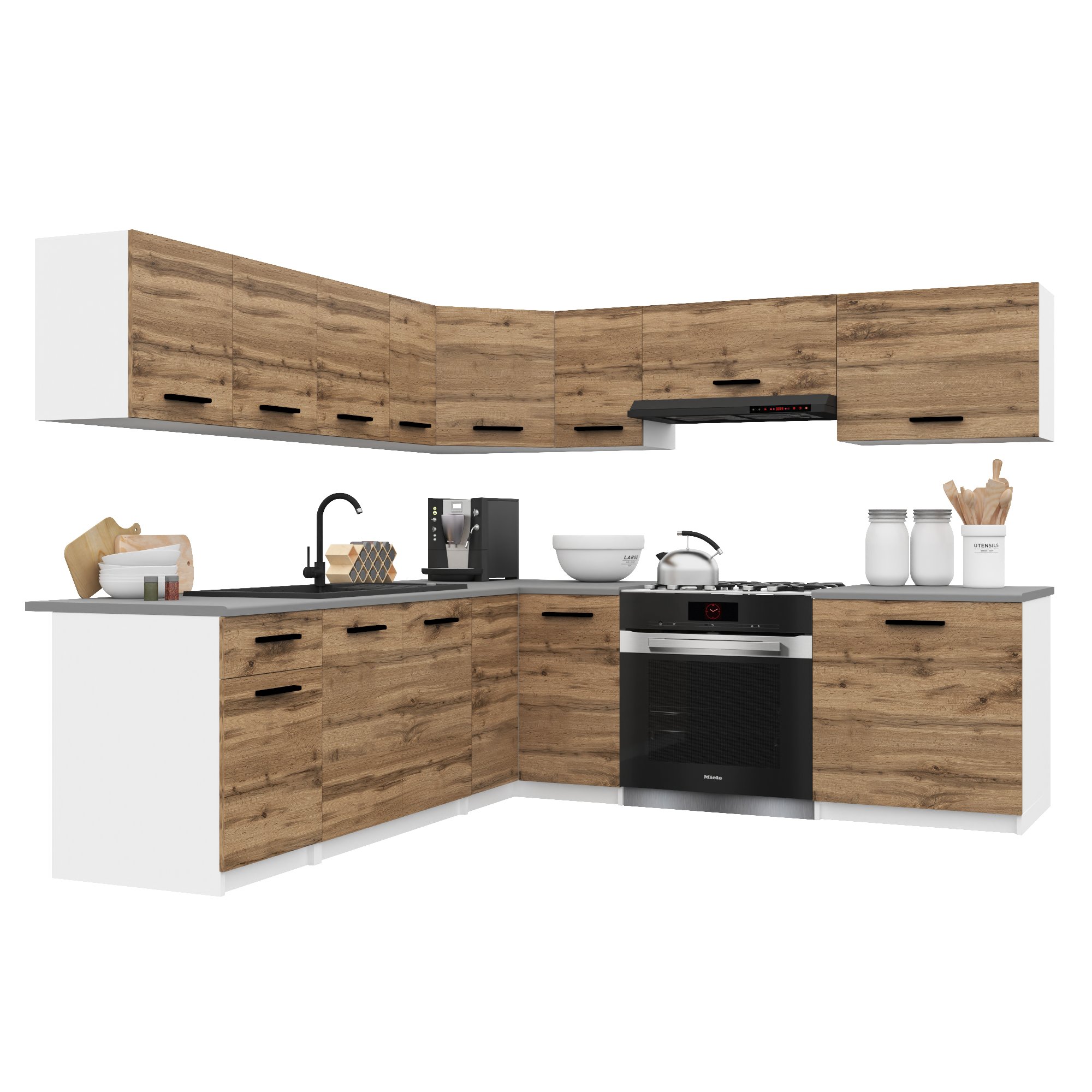 Belini Italia 7 Küche Ausgestattet Modular Komplett - 420 Cm. Ober- Und Unterschränke Mit Arbeitsplatte, Brun Doré