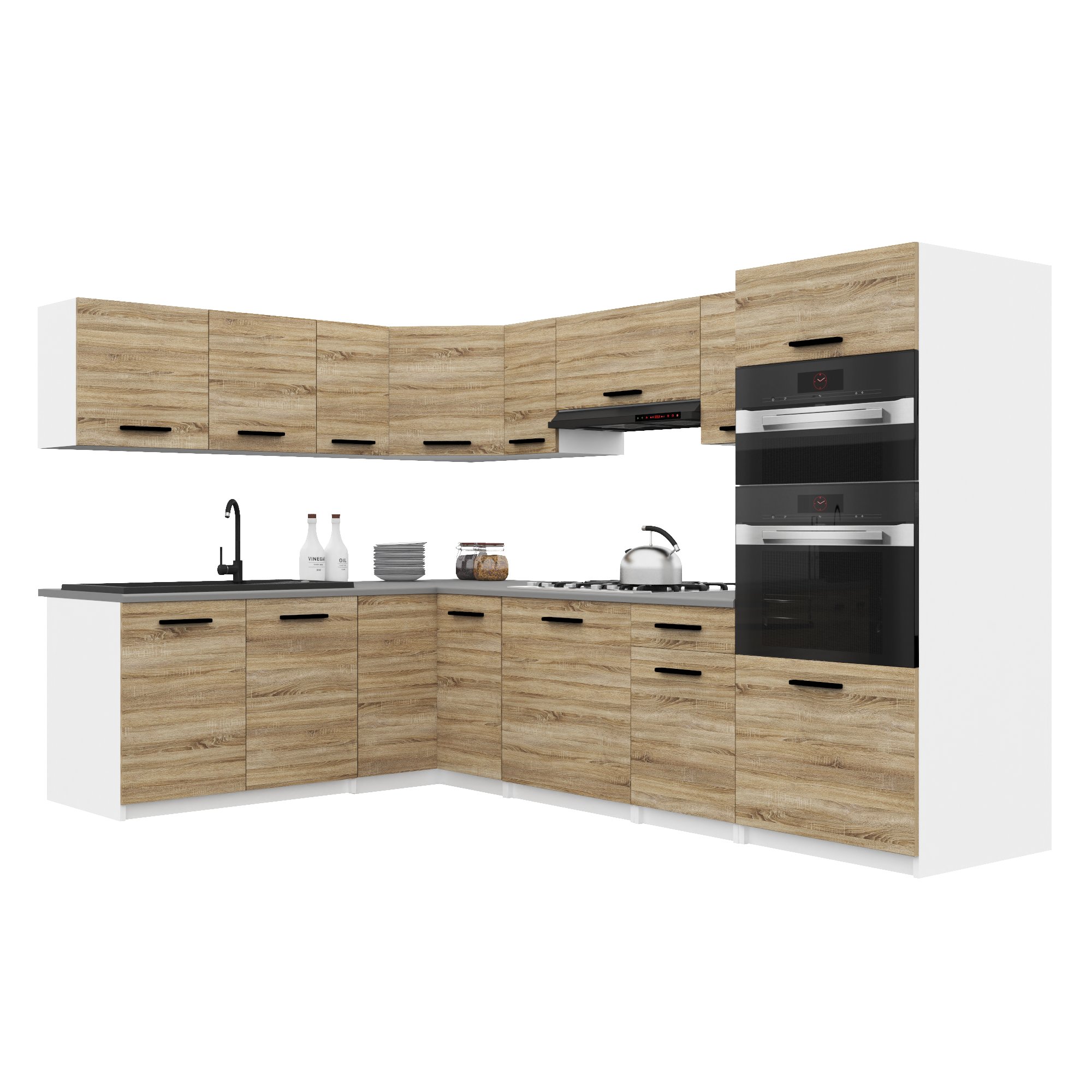Belini Italia 8 Küche Ausgestattet Modular Komplett - 420 Cm. Ober- Und Unterschränke Mit Arbeitsplatte, Chêne Sonoma