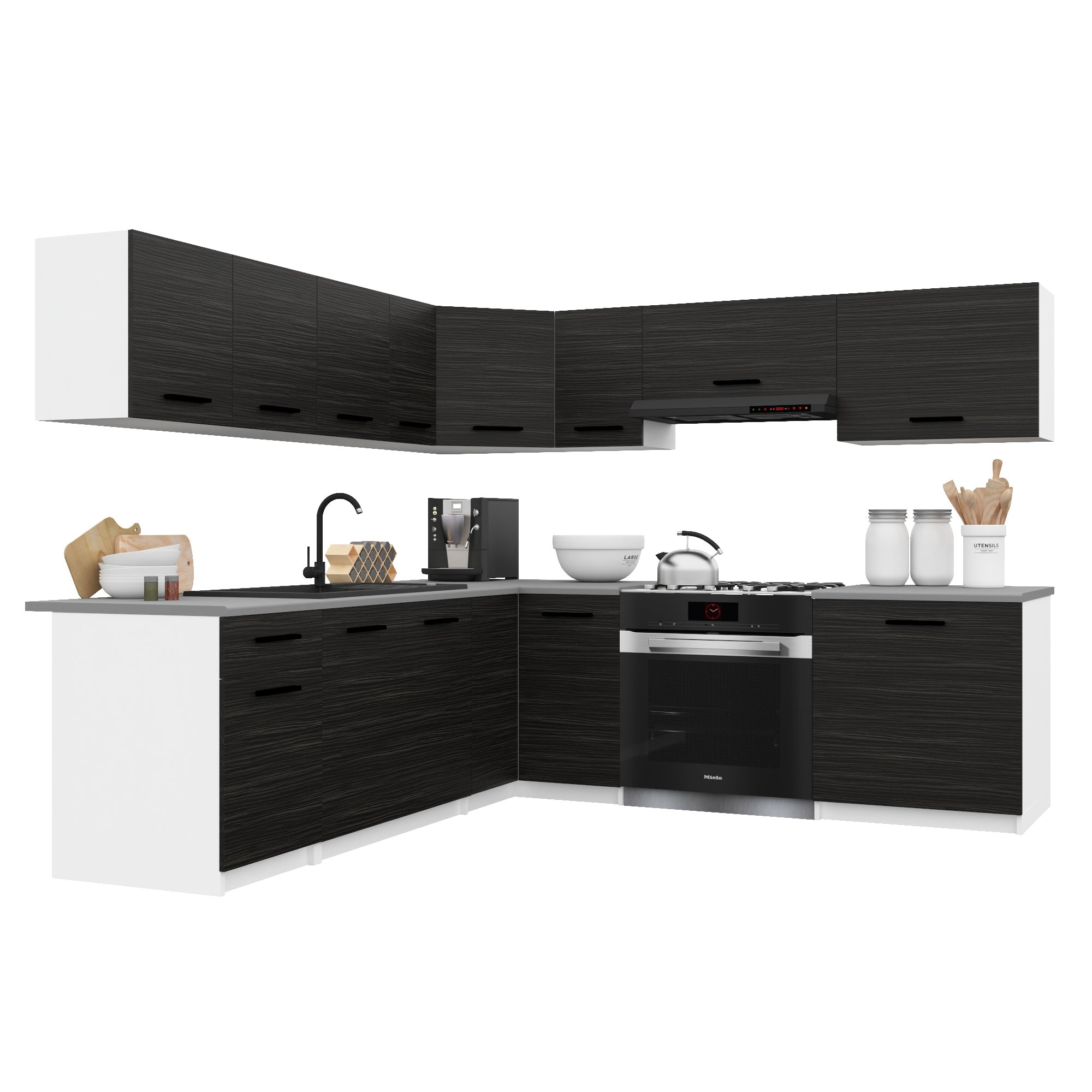Belini Italia 7 Küche Ausgestattet Modular Komplett - 420 Cm. Ober- Und Unterschränke Mit Arbeitsplatte, Ébène