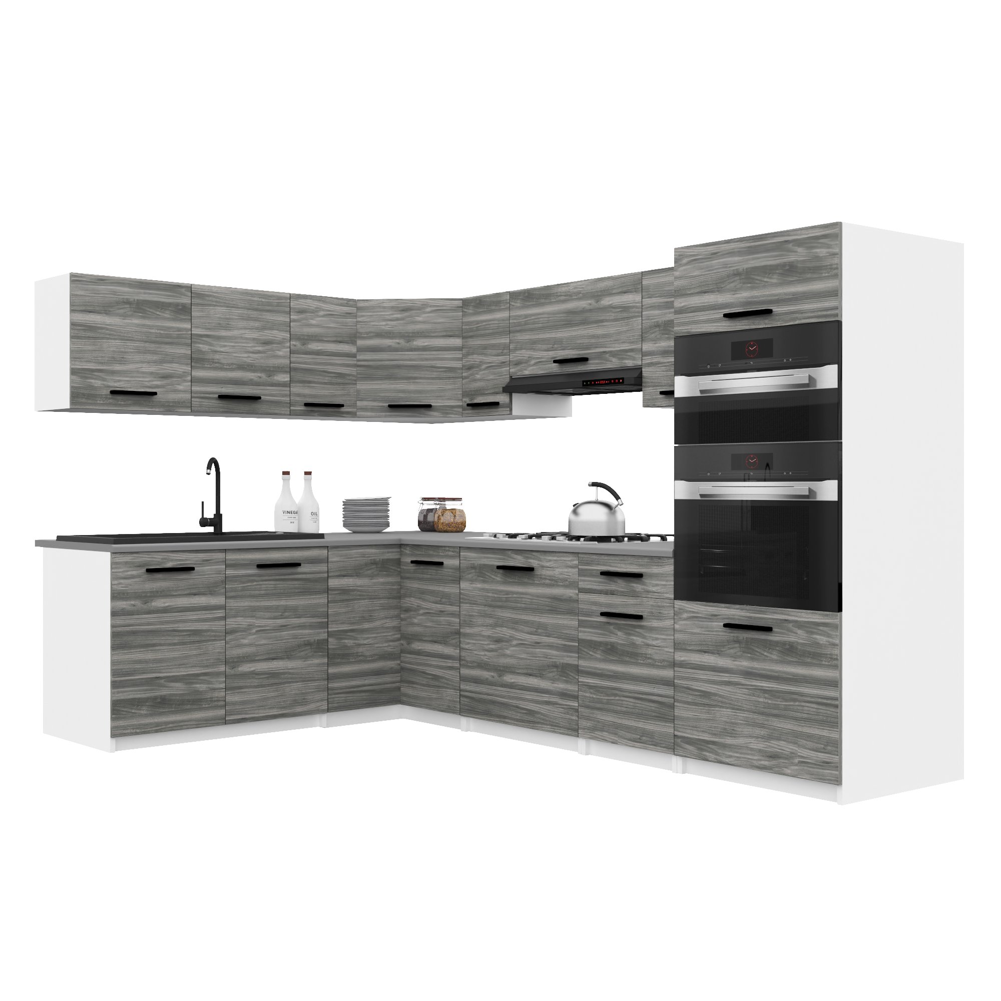 Belini Italia 8 Küche Ausgestattet Modular Komplett - 420 Cm. Ober- Und Unterschränke Mit Arbeitsplatte, Gris Glamour