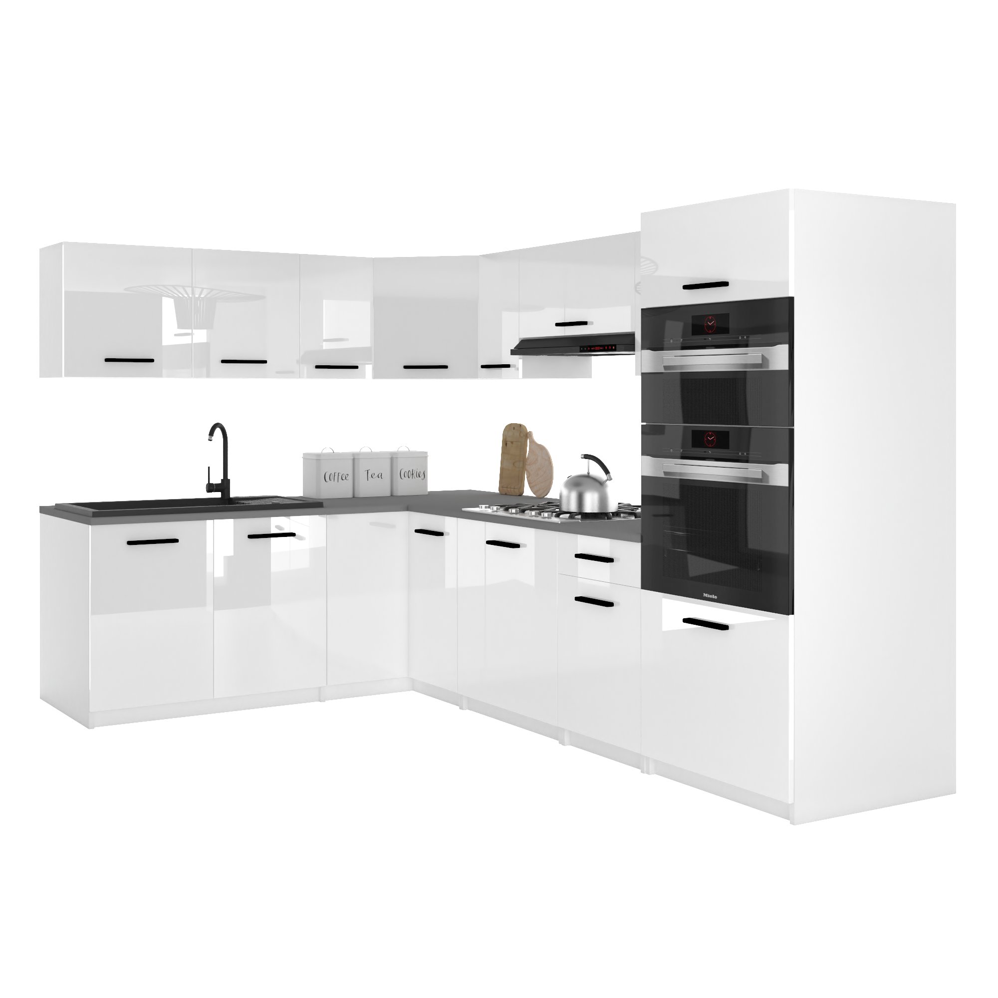 Belini Italia 8 Küche Ausgestattet Modular Komplett - 420 Cm. Ober- Und Unterschränke Mit Arbeitsplatte, Weiß Hochglanz
