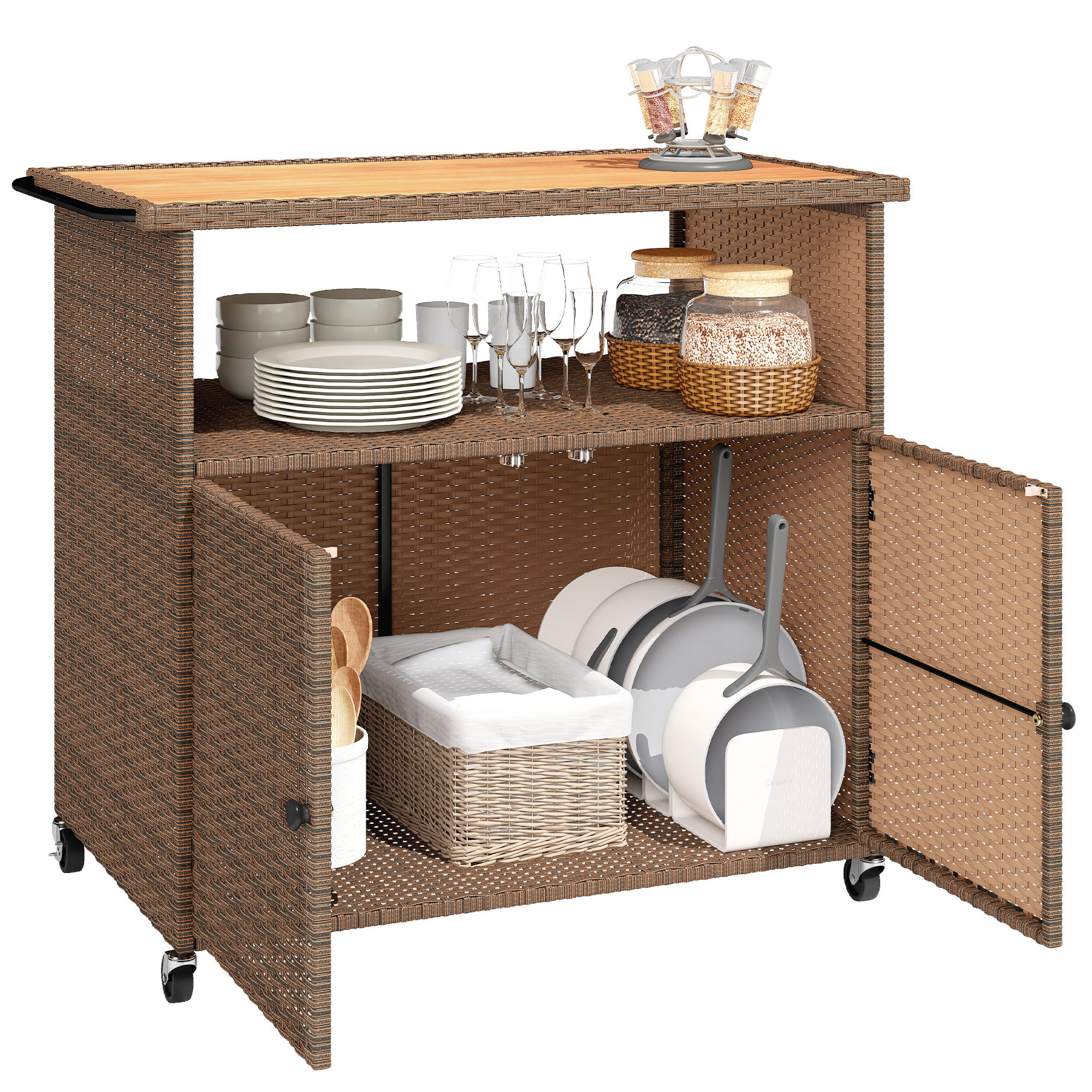 Servierwagen Rattan Küchenwagen Mit Fsc Eukalyptusholz-arbeitsplatte Ablagefach Rollen Seitengriff 95 X 54 X 84 Cm