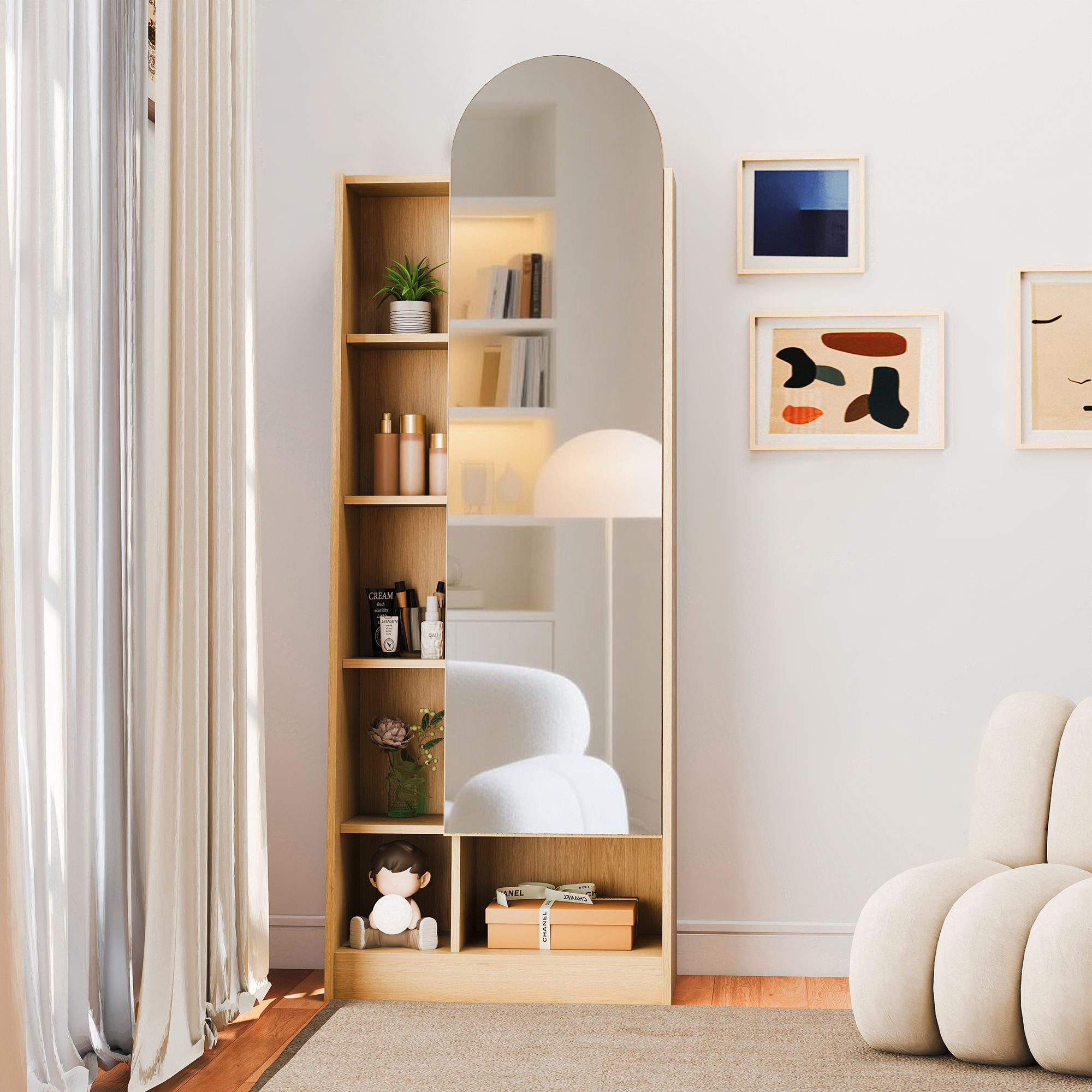 Schuhschrankk, Spiegeltüre, Garderobenschrank ,ankleidespiegel Mit Stauraum, Hochschrank, Badschrank Mit Verstellbaren Ablagen Naturholzoptik-h165/b60t28 Cm