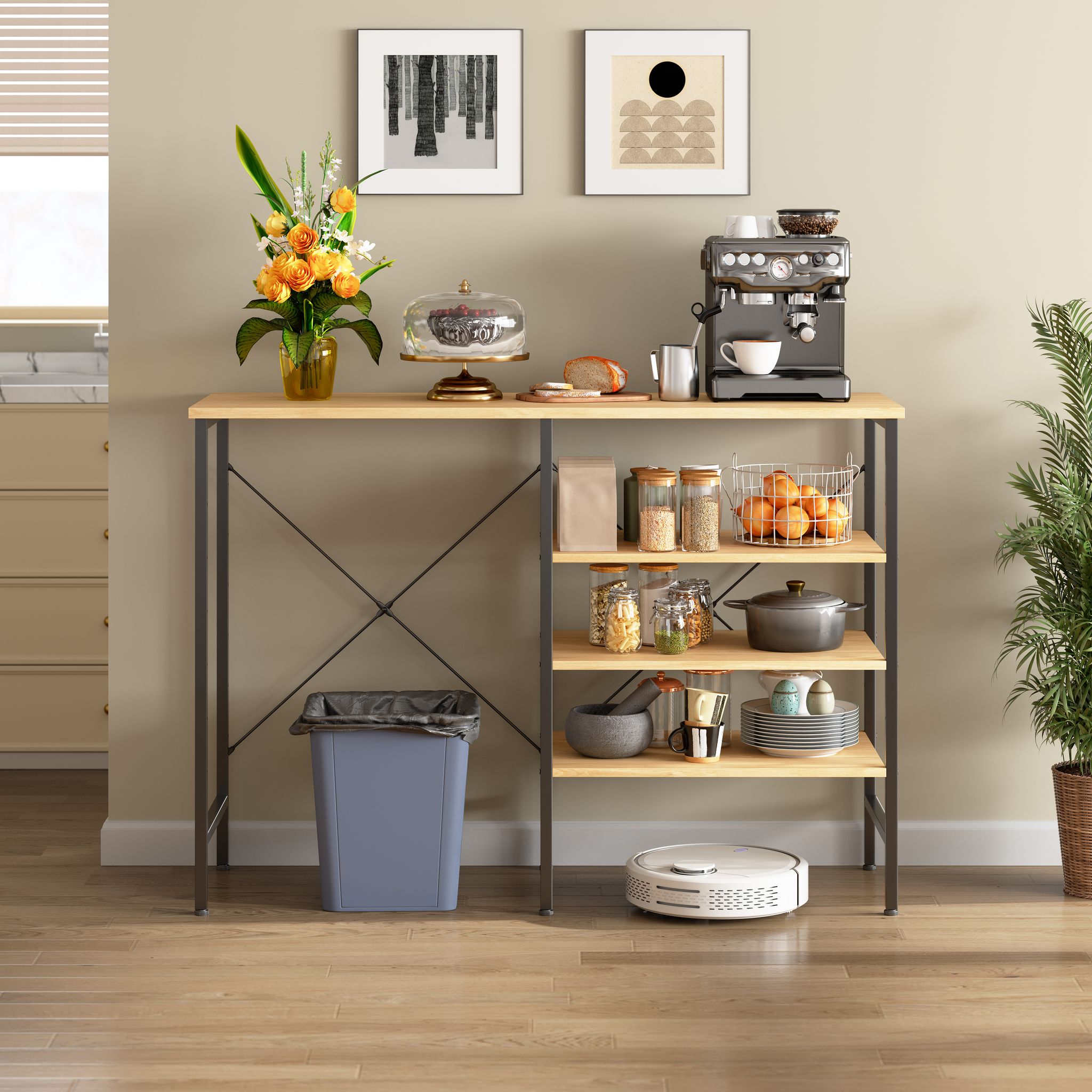 Multifunktionaler Ablagetisch, Frei Kombinierbarer Organizer Tisch Mit Schwarzem Metallgestell & Holzoptik-platte, Flexibel Montierbar Für Küche, Wohnzimmer, Keller & Garage, 120x40x85,5cm
