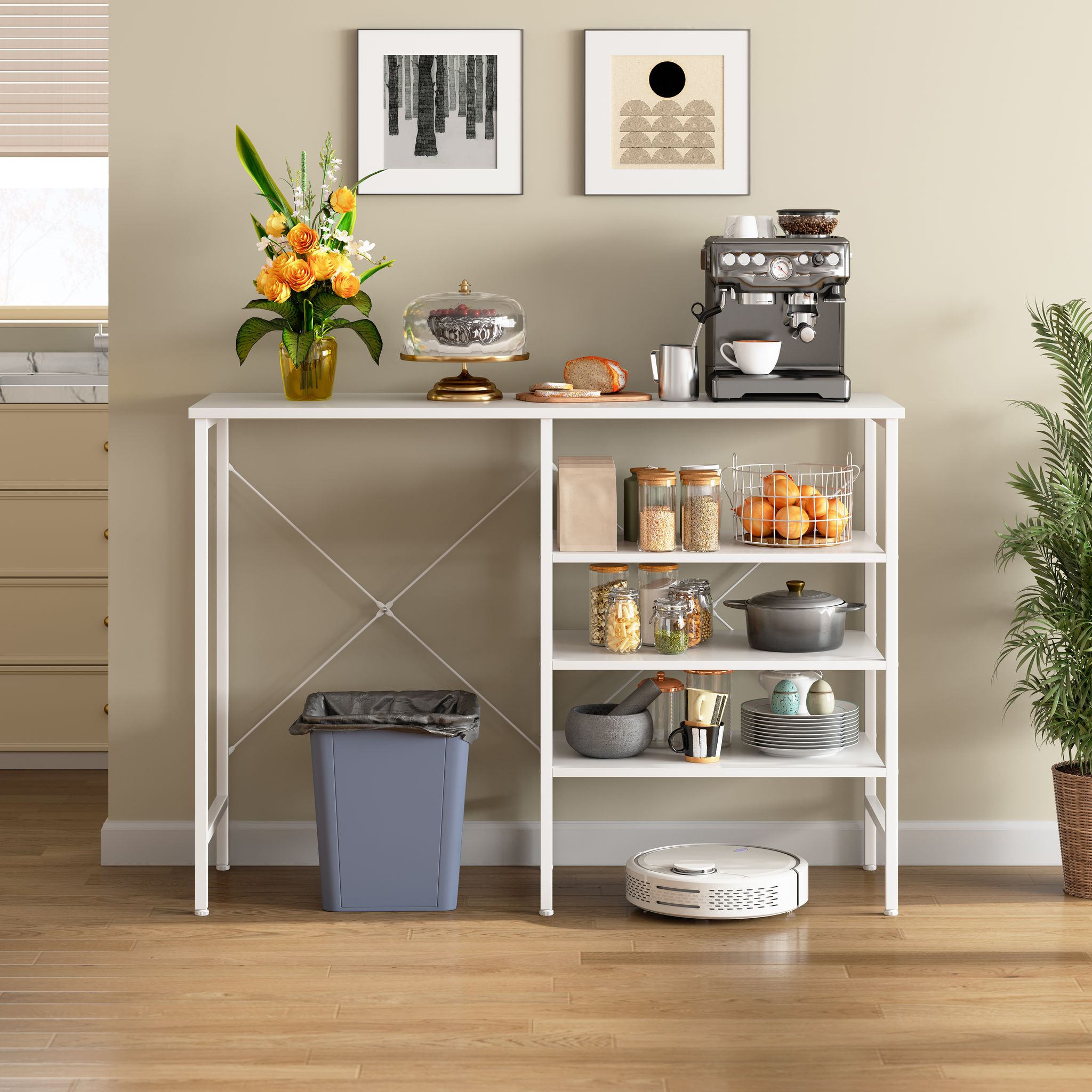 Multifunktionaler Ablagetisch, Frei Kombinierbarer Organizer Tisch Mit Weißem Metallgestell & Weißer Platte, Flexibel Montierbar Für Küche, Wohnzimmer, Keller & Garage, 120x40x85,5cm