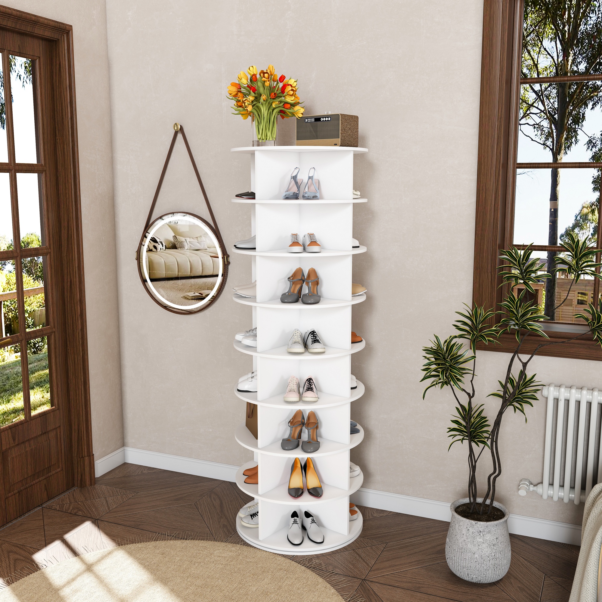 Drehbarer Schuhschrankturm, 8-stöckiges Drehendes Regal, Freistehender 360°-drehbarer Schuhorganizer, Für 32 Paar Schuhe (8-stöckig, Weiß)
