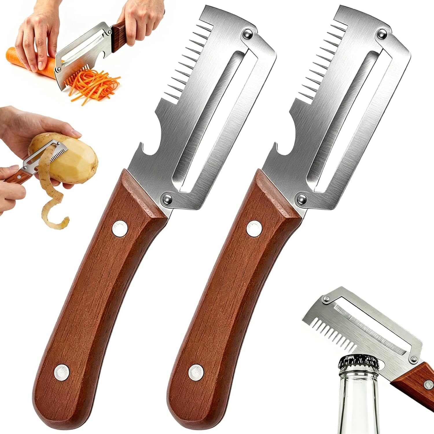 3-in-1 Multifunktions-gemüseschäler Für Die Küche, Reißfester Multifunktions-gemüseschäler Aus Holz Und Edelstahl Mit Flaschenöffner Für Obst-, Gemüse- Und Fleischscheiben (2 Stück)